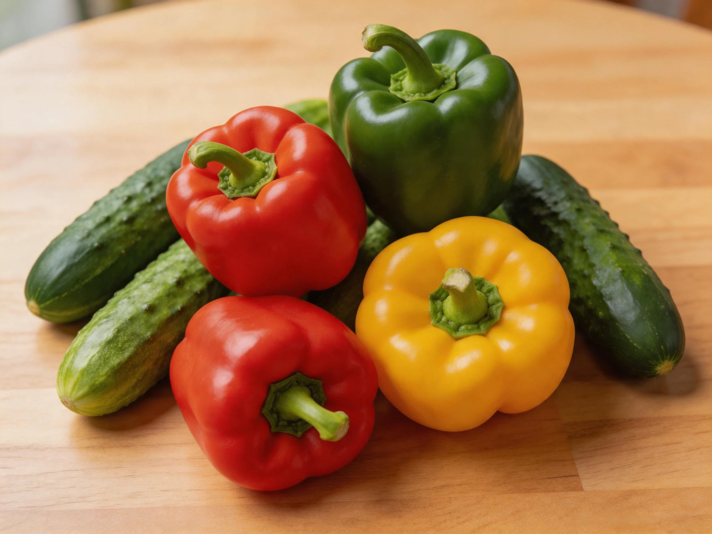 Three colored bell peppers and two cucumbers arranged on a wooden surface