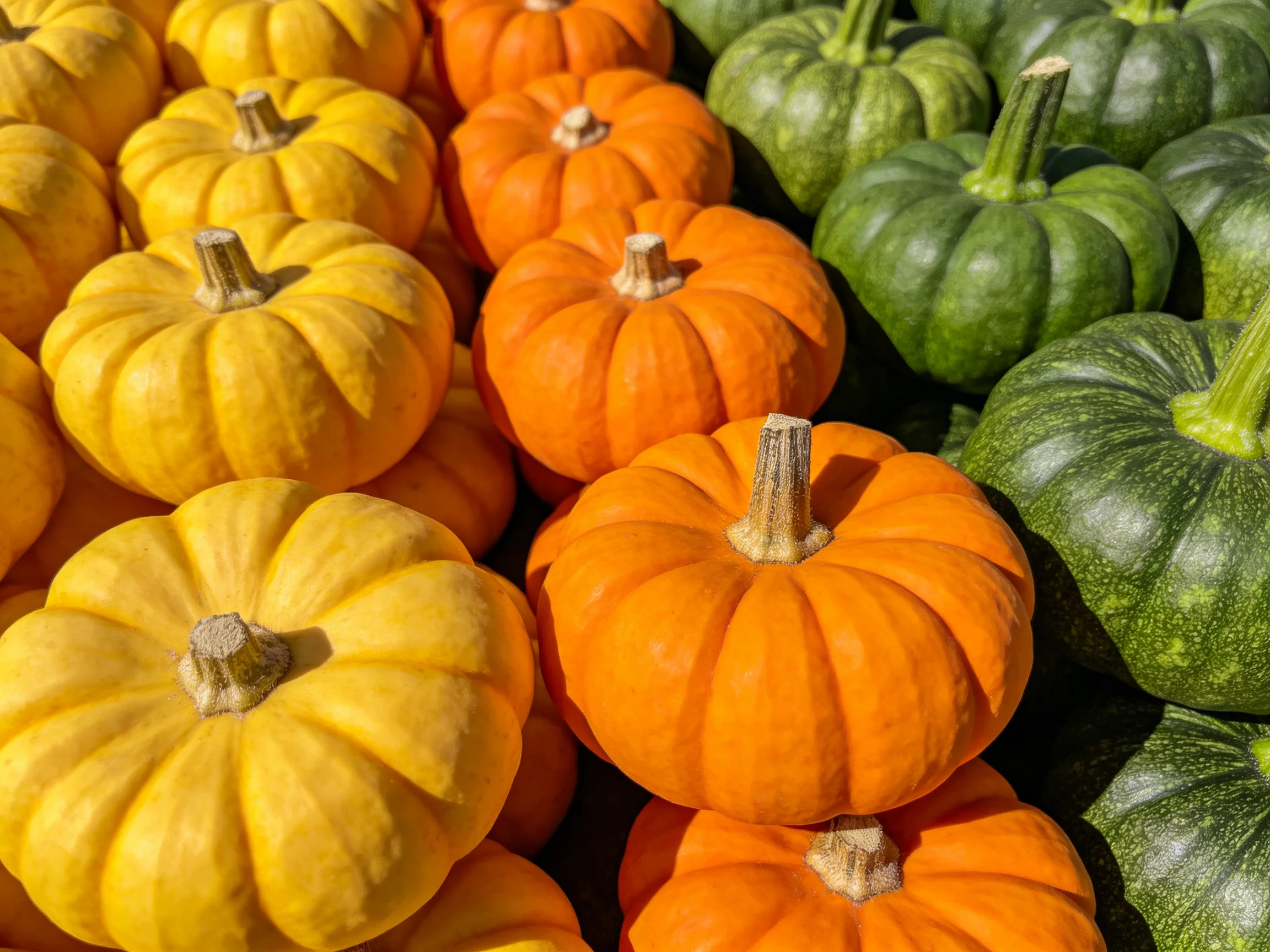 Three-colored small pumpkins arranged in close rows
