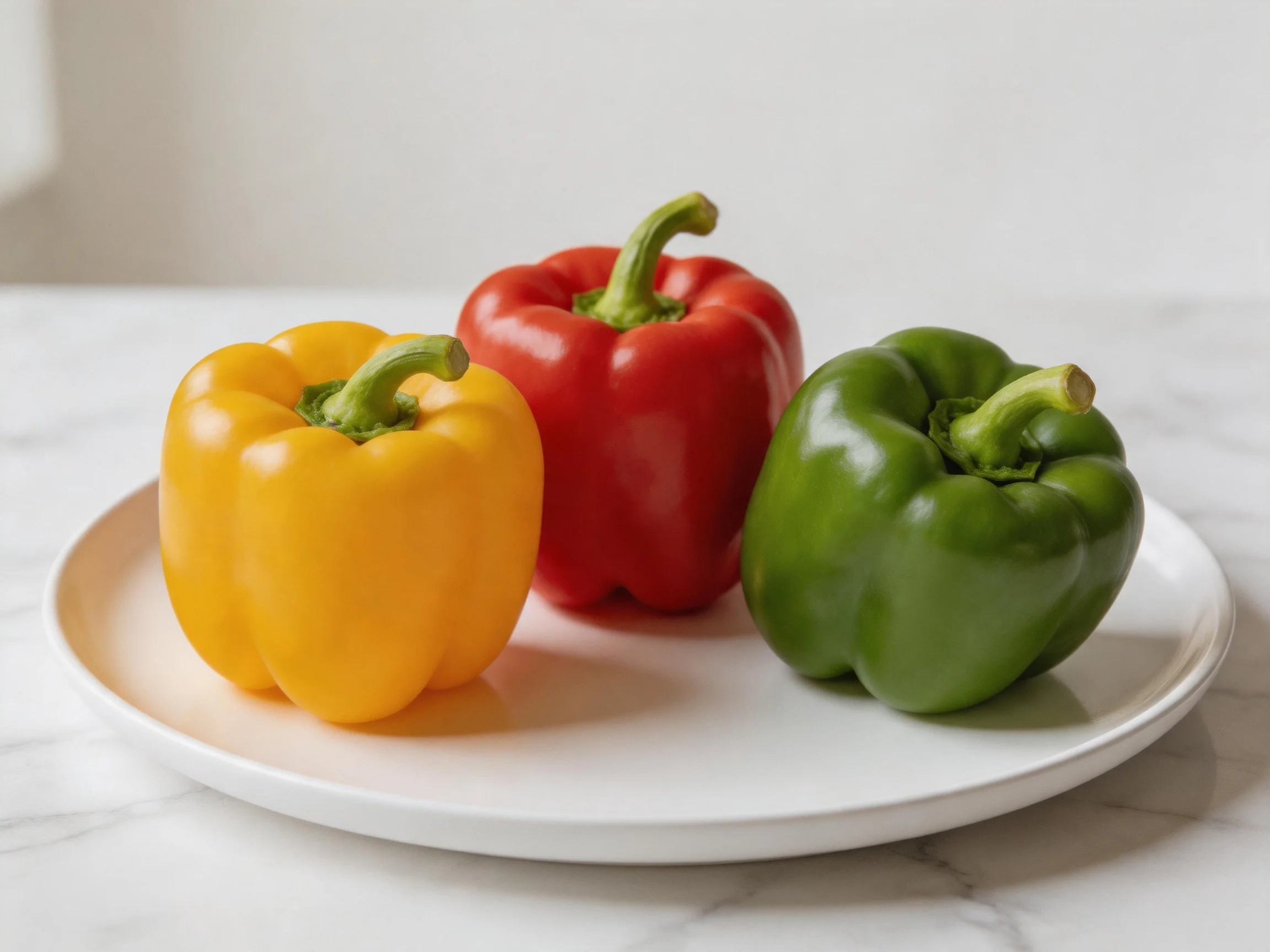 Three colorful bell peppers arranged on a white plate