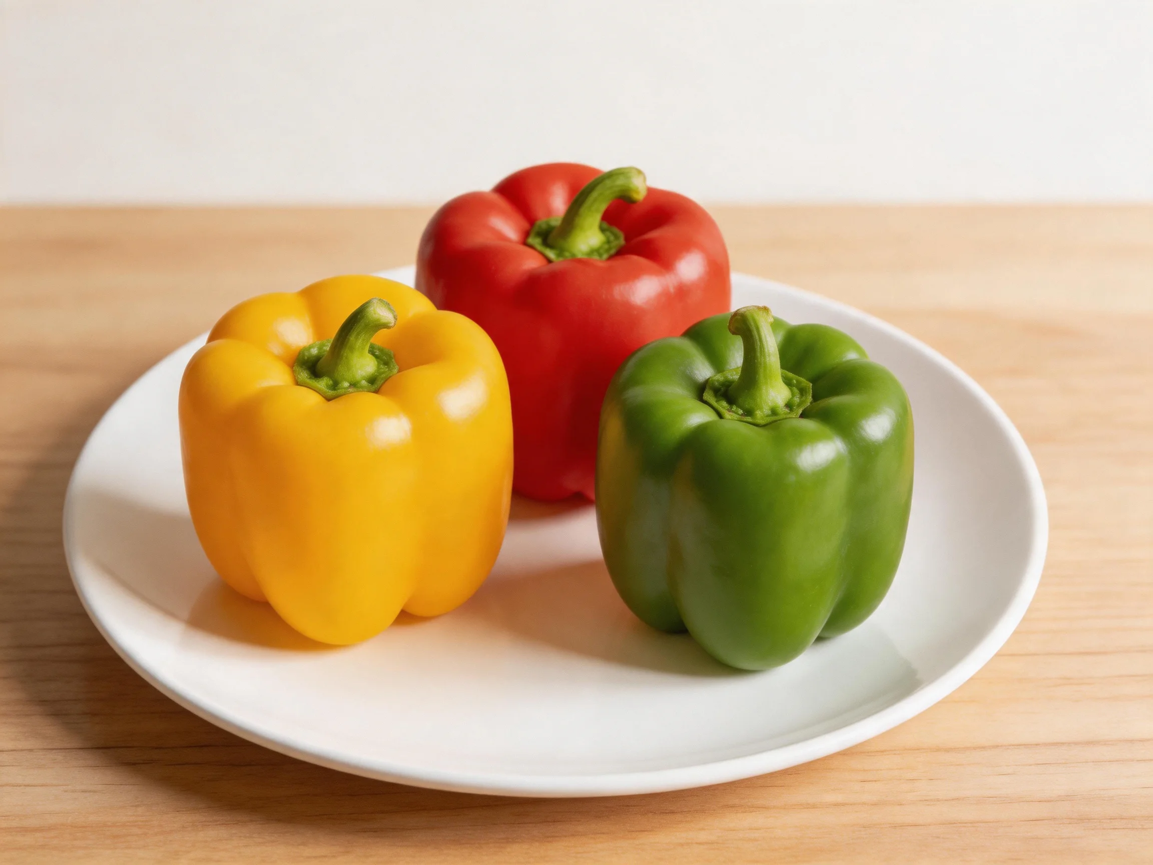 Three colorful bell peppers arranged on a white plate