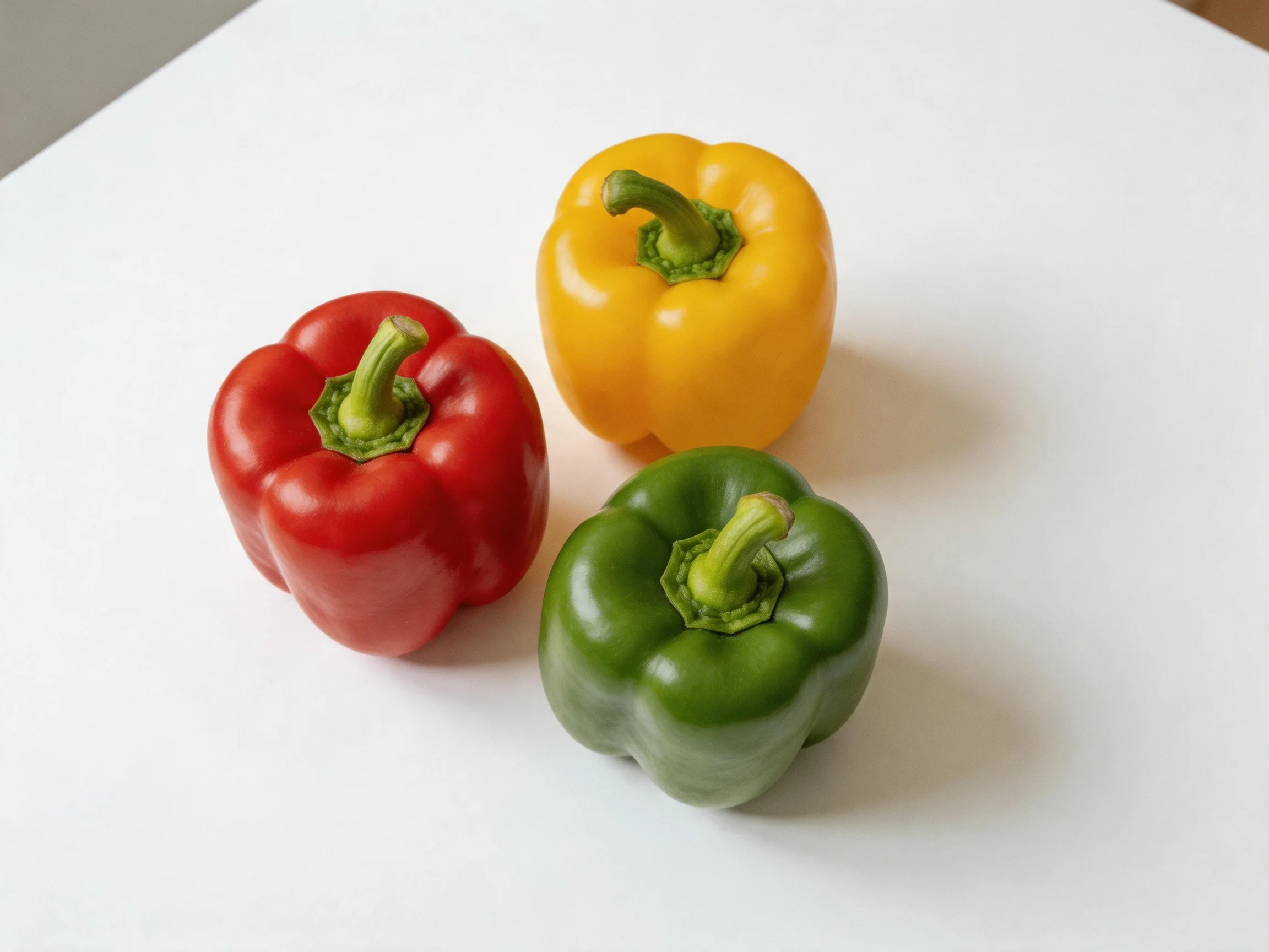 Three colorful bell peppers arranged on a white surface
