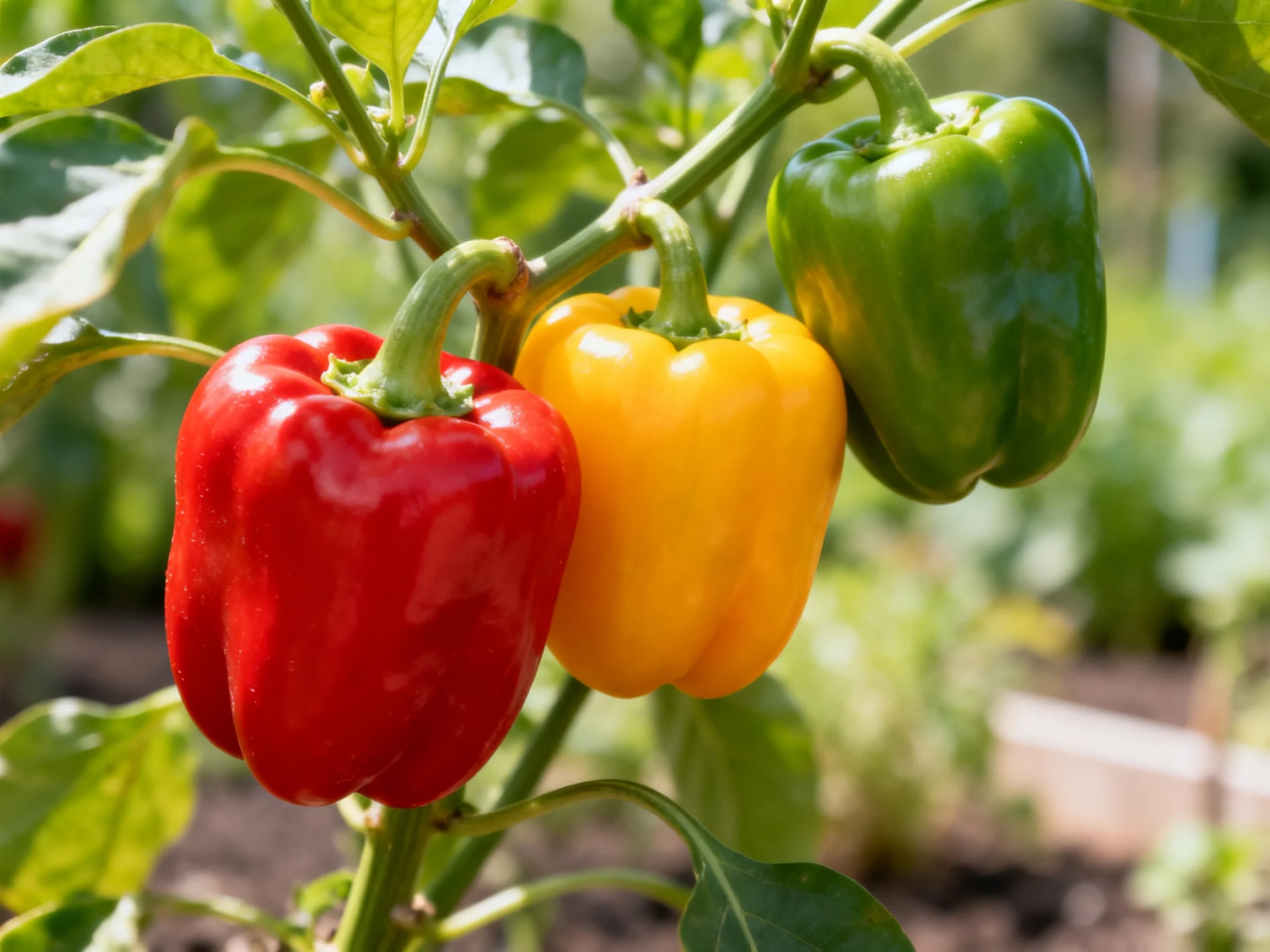 Three colorful bell peppers growing on a lush plant in a garden