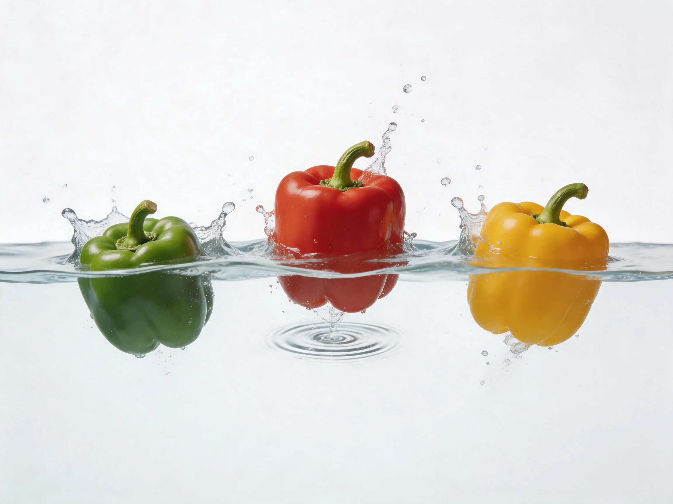 Three colorful bell peppers splashing into clear water