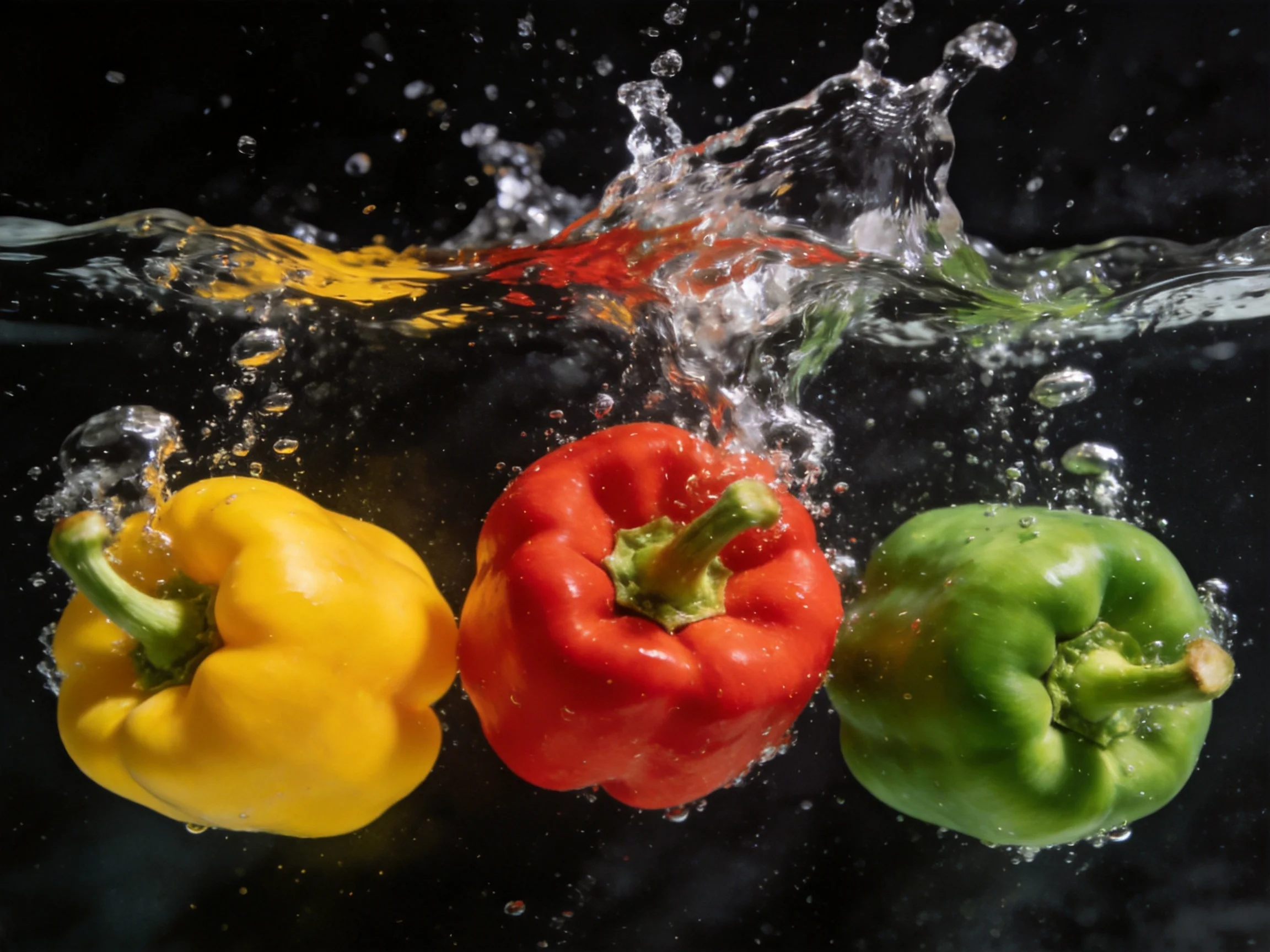 Three colorful bell peppers splashing into water against a dark backdrop