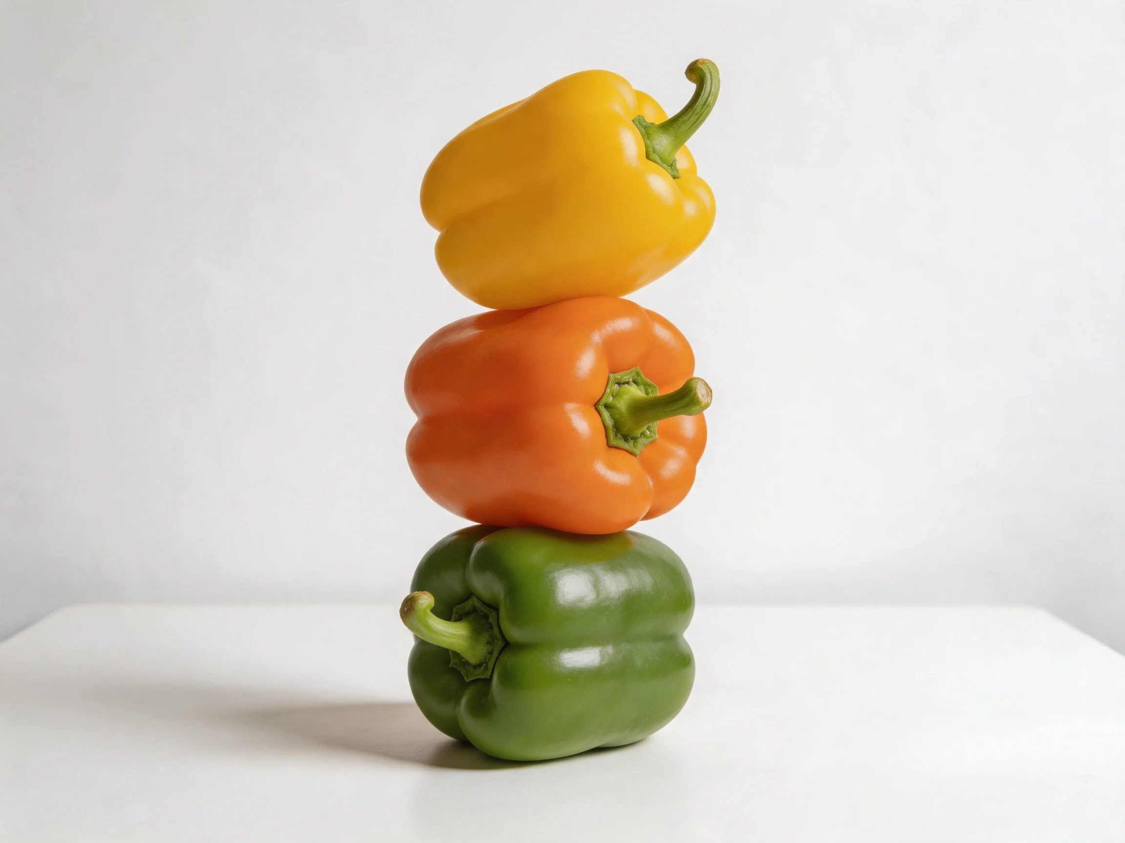 Three colorful bell peppers stacked vertically
