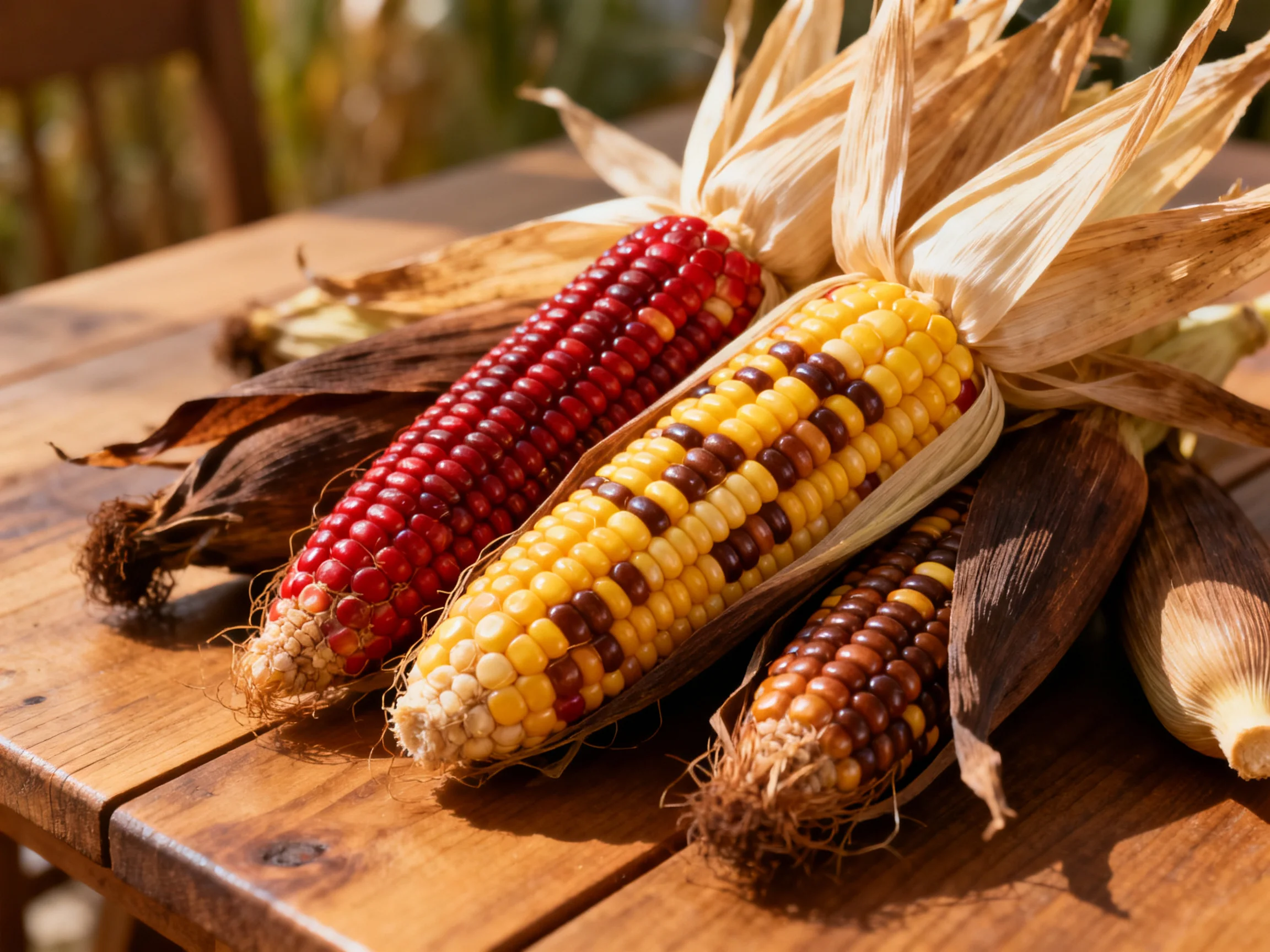 Three colorful ears of multicolored corn on a wooden table