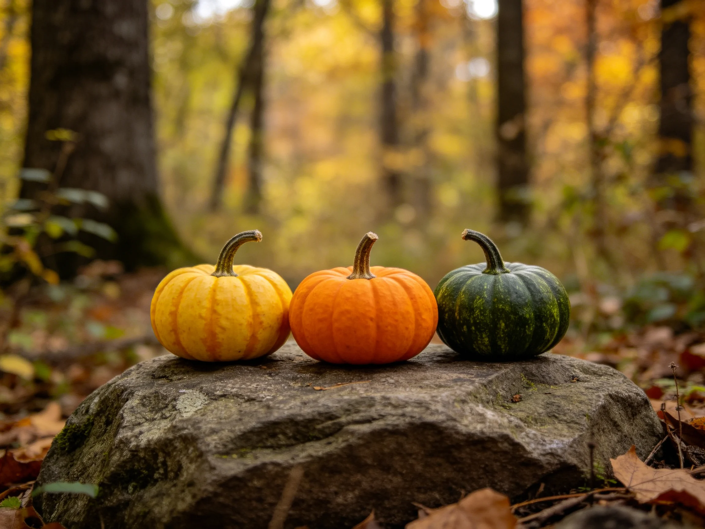 Three colorful mini pumpkins rest on a large stone amidst an autumnal forest backdrop