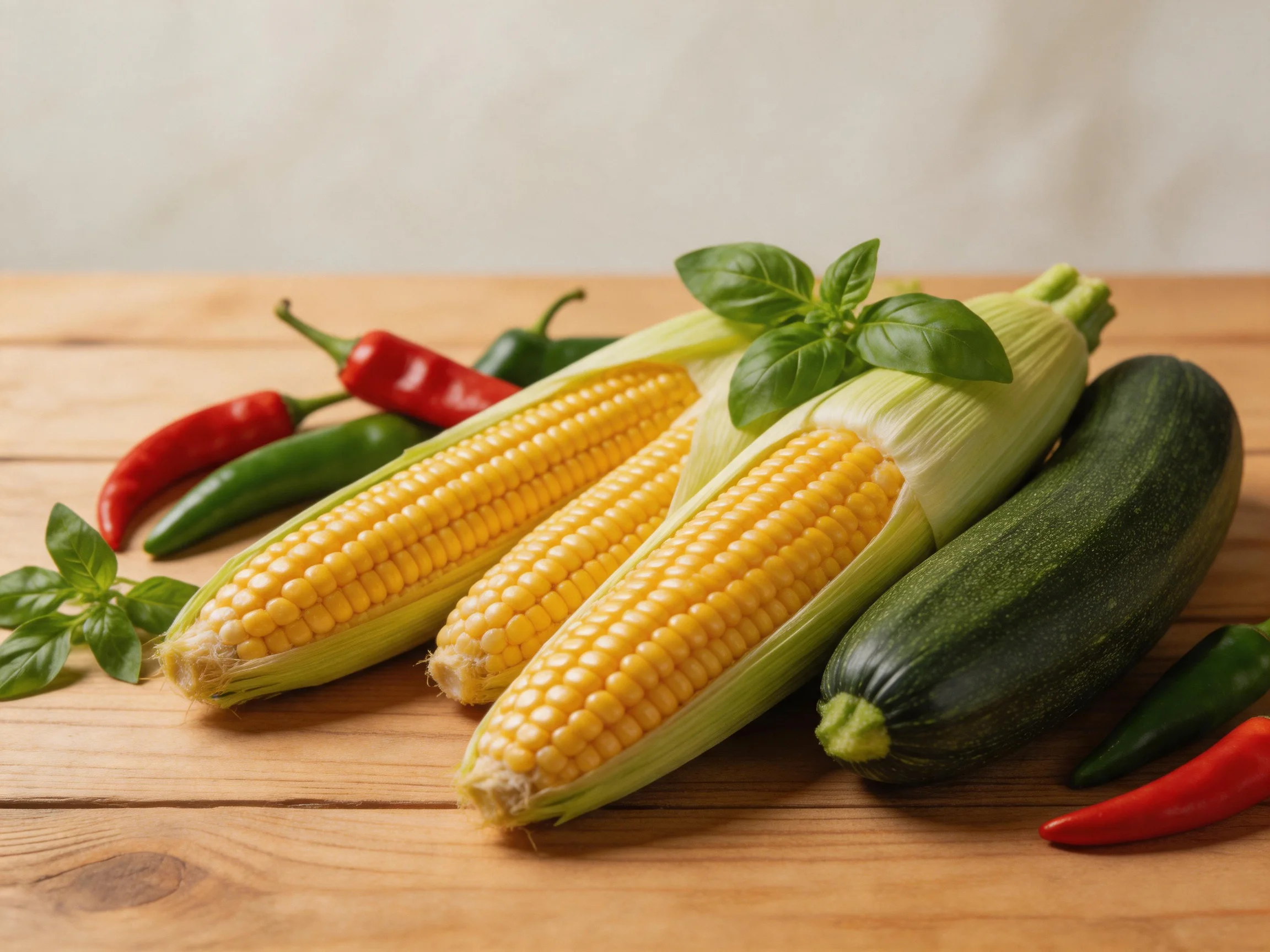 Three corn cobs, two zucchinis, red and green chilies, basil on wooden planks