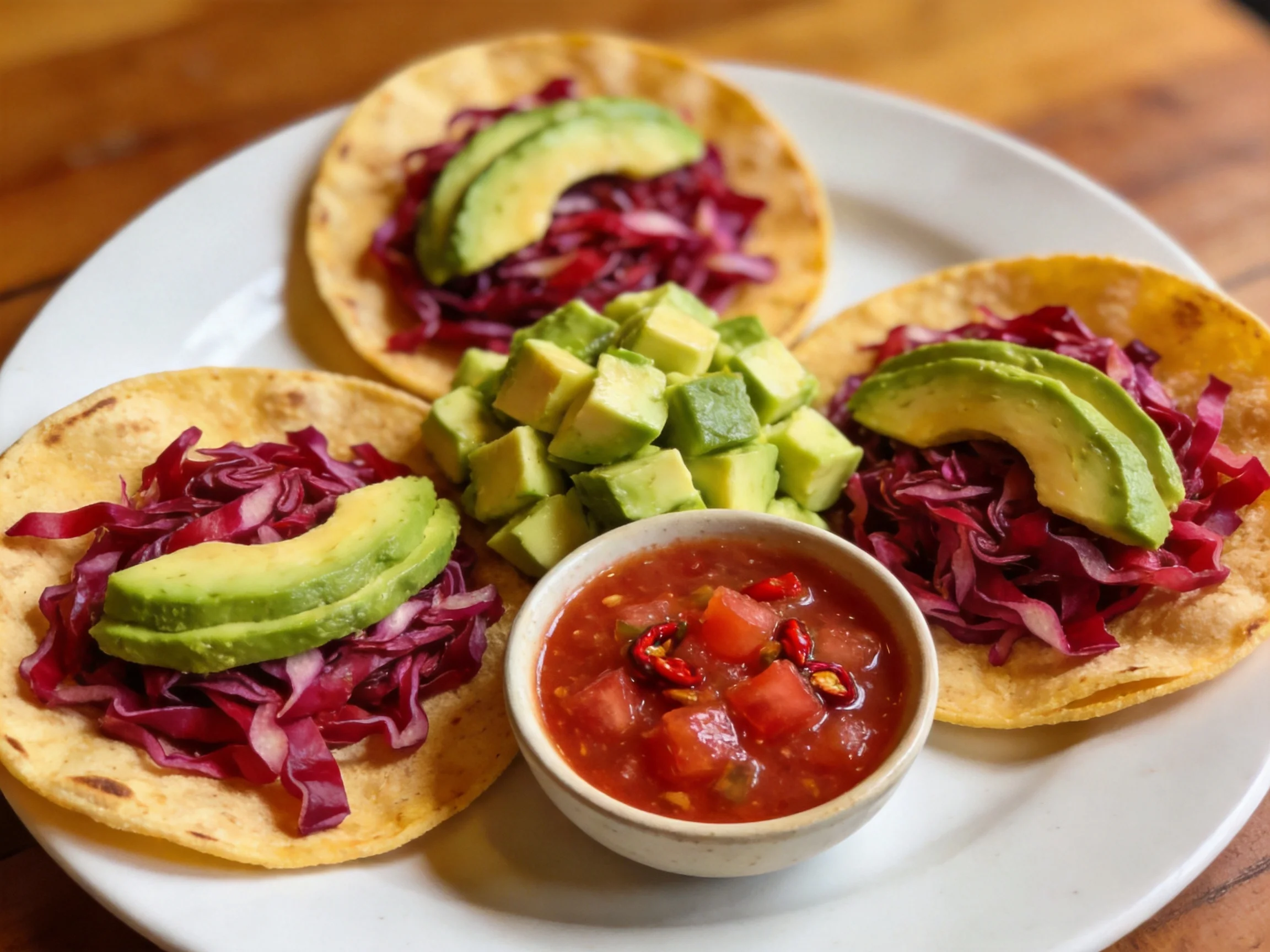 Three corn tortillas topped with red cabbage, avocado slices, diced avocado, and salsa