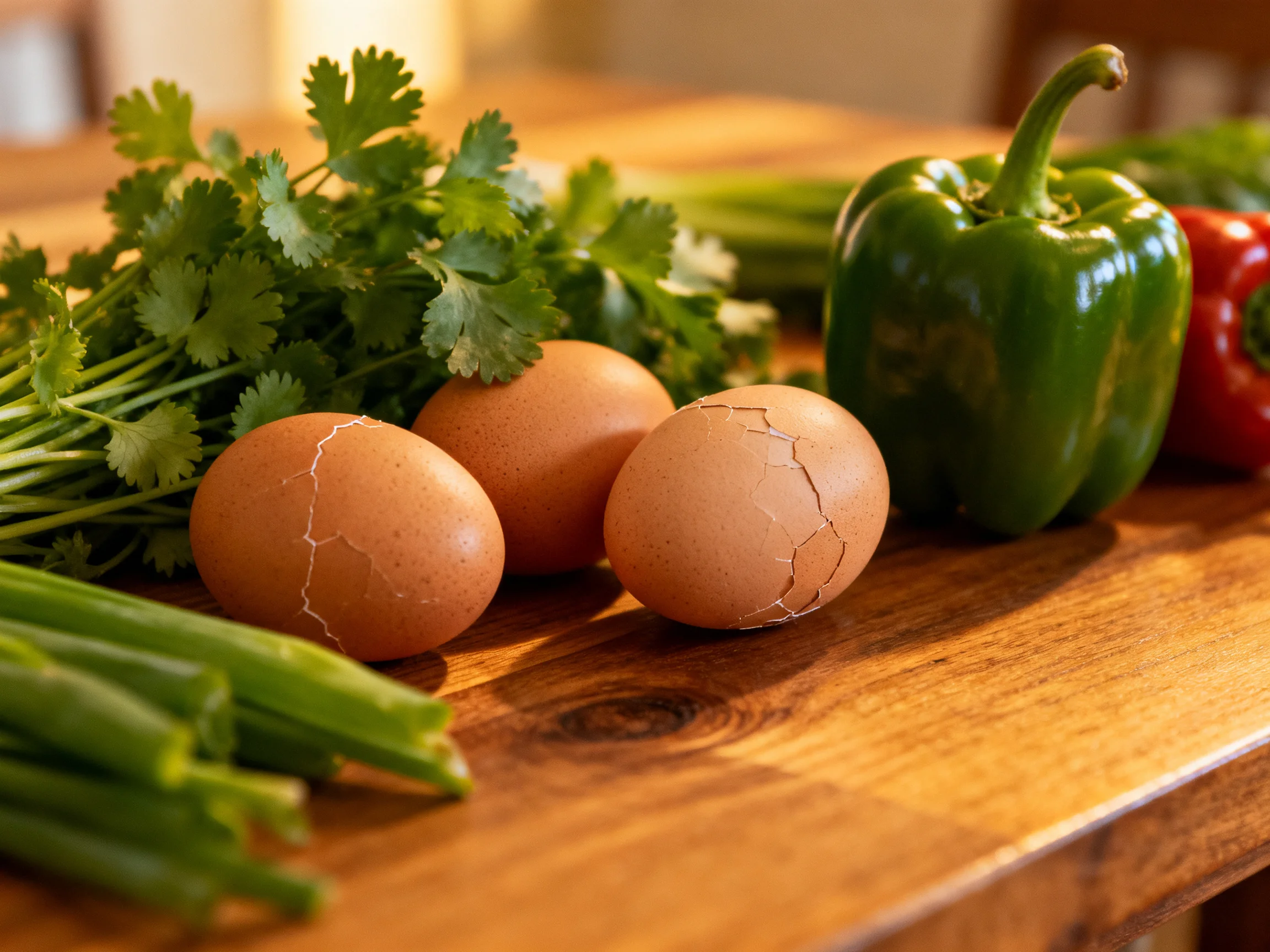 Three cracked brown eggs, cilantro, green and red peppers, celery on wooden surface
