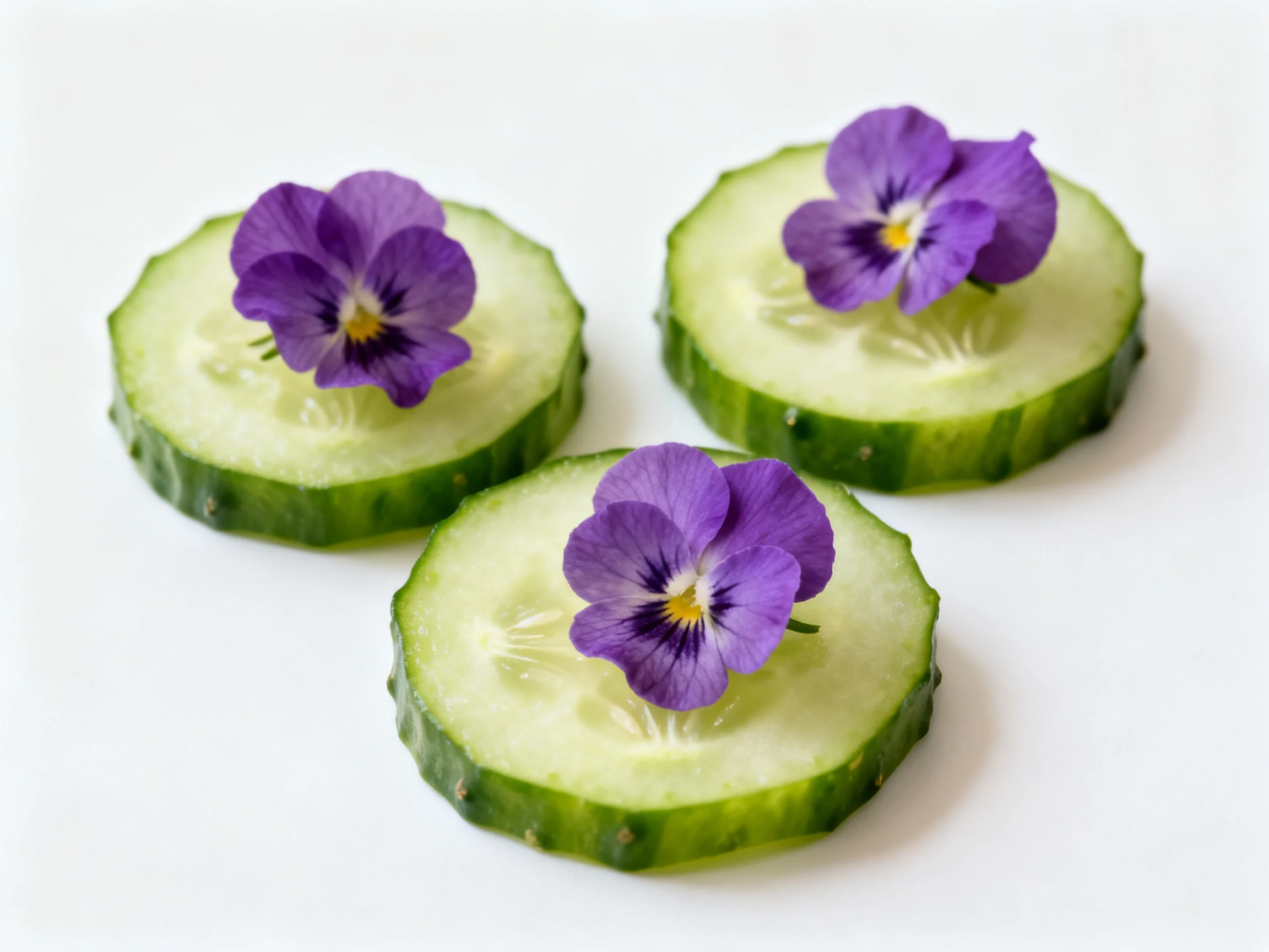 Three cucumber slices topped with vibrant purple edible flowers