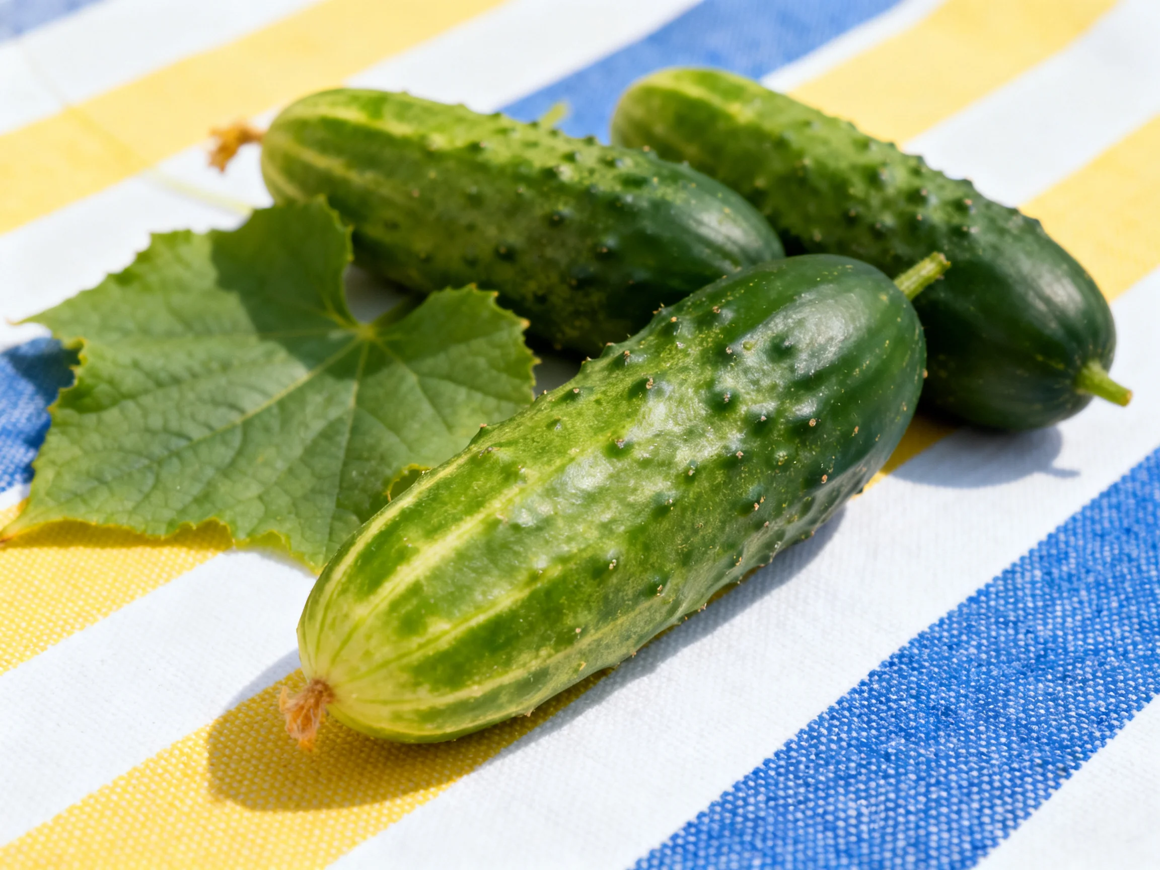 Three cucumbers and a leaf on a blue-yellow striped cloth