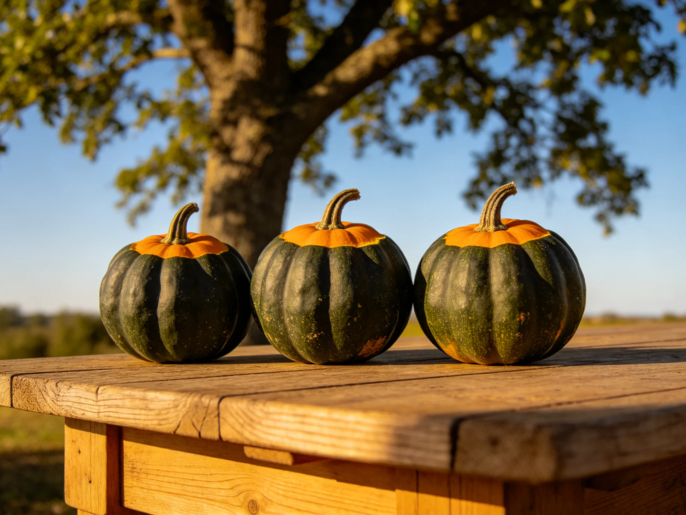 Three dark green and orange gourds rest on a wooden table beside a large tree.