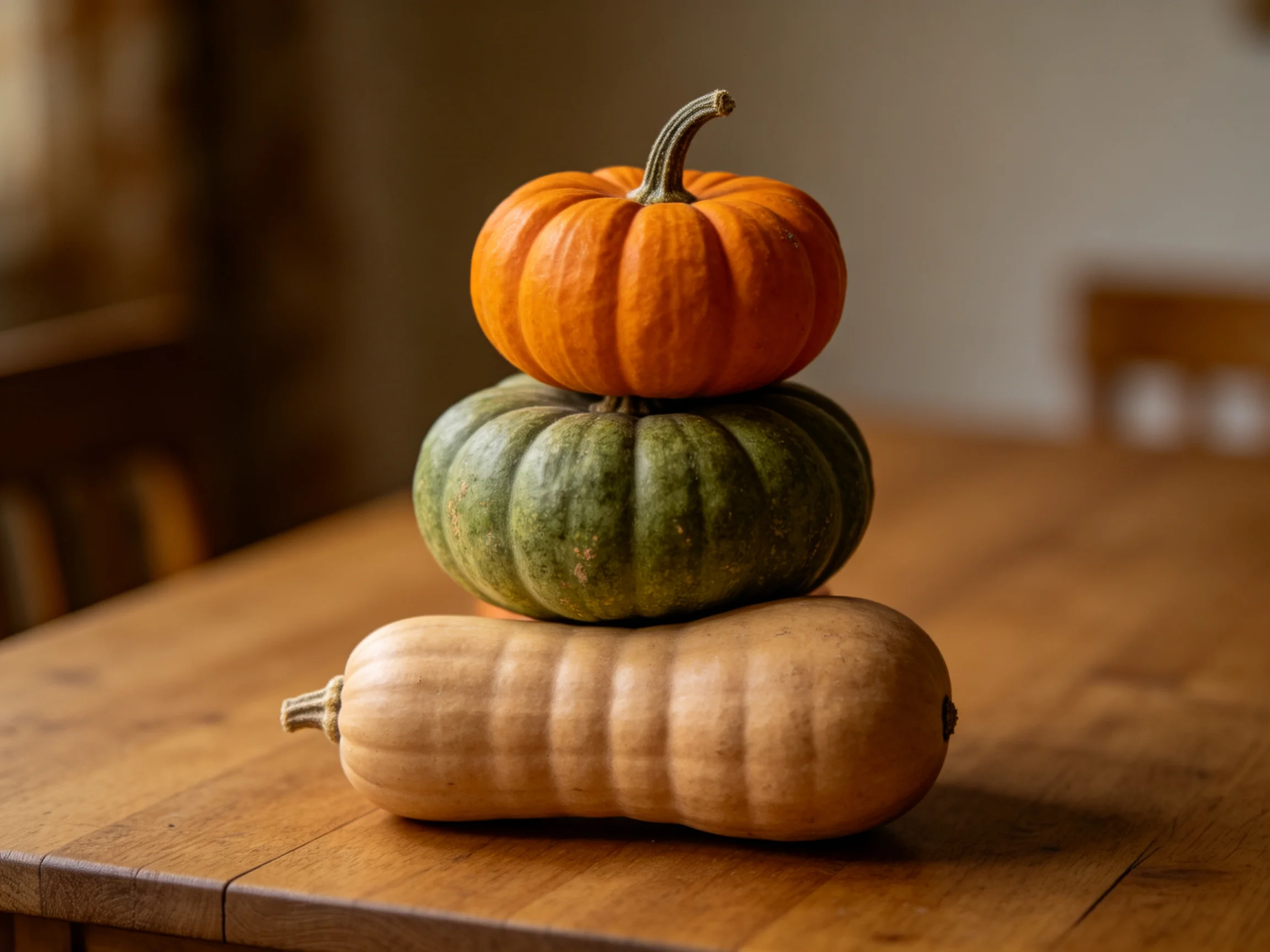 Three distinct colored squashes stacked on a wooden table