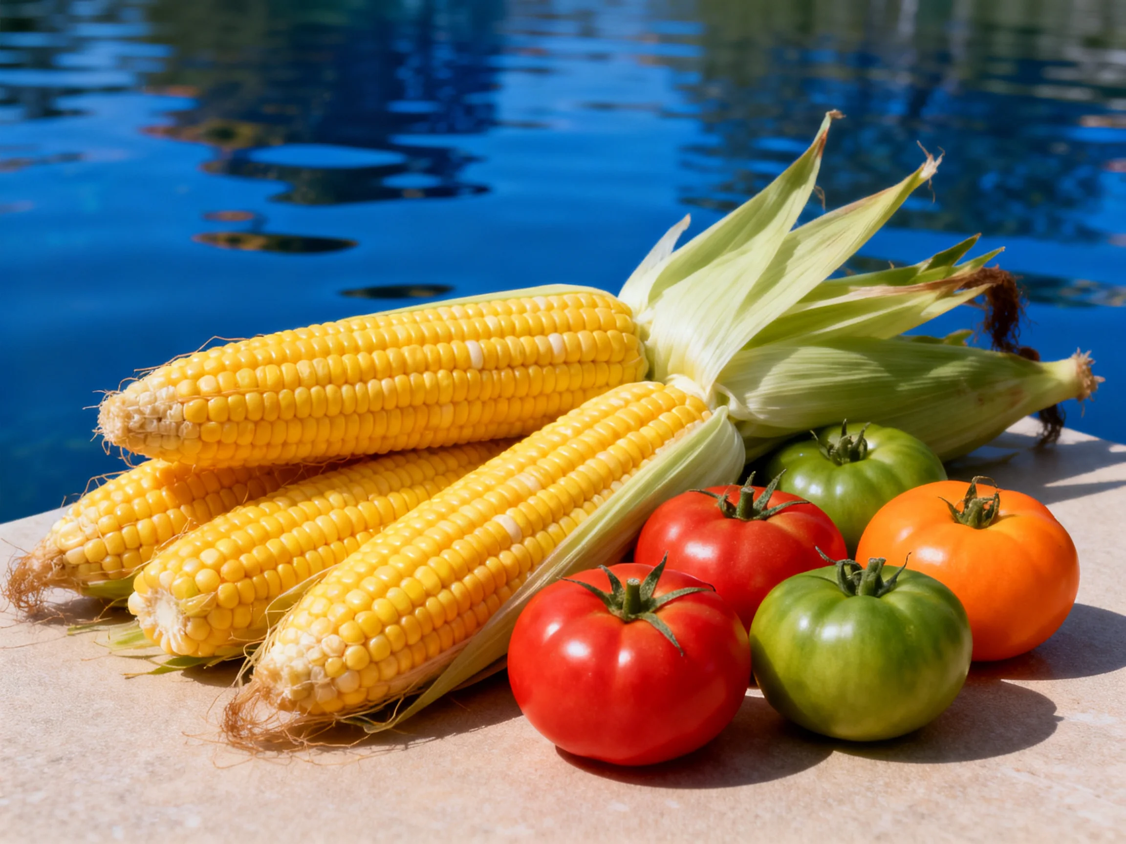 Three ears of corn and five tomatoes displayed by a blue poolside surface