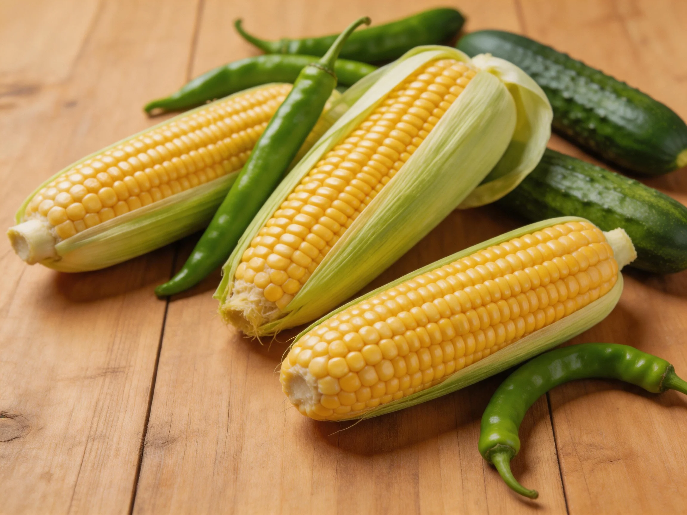 Three ears of yellow corn, two cucumbers, and chili peppers on a wooden surface
