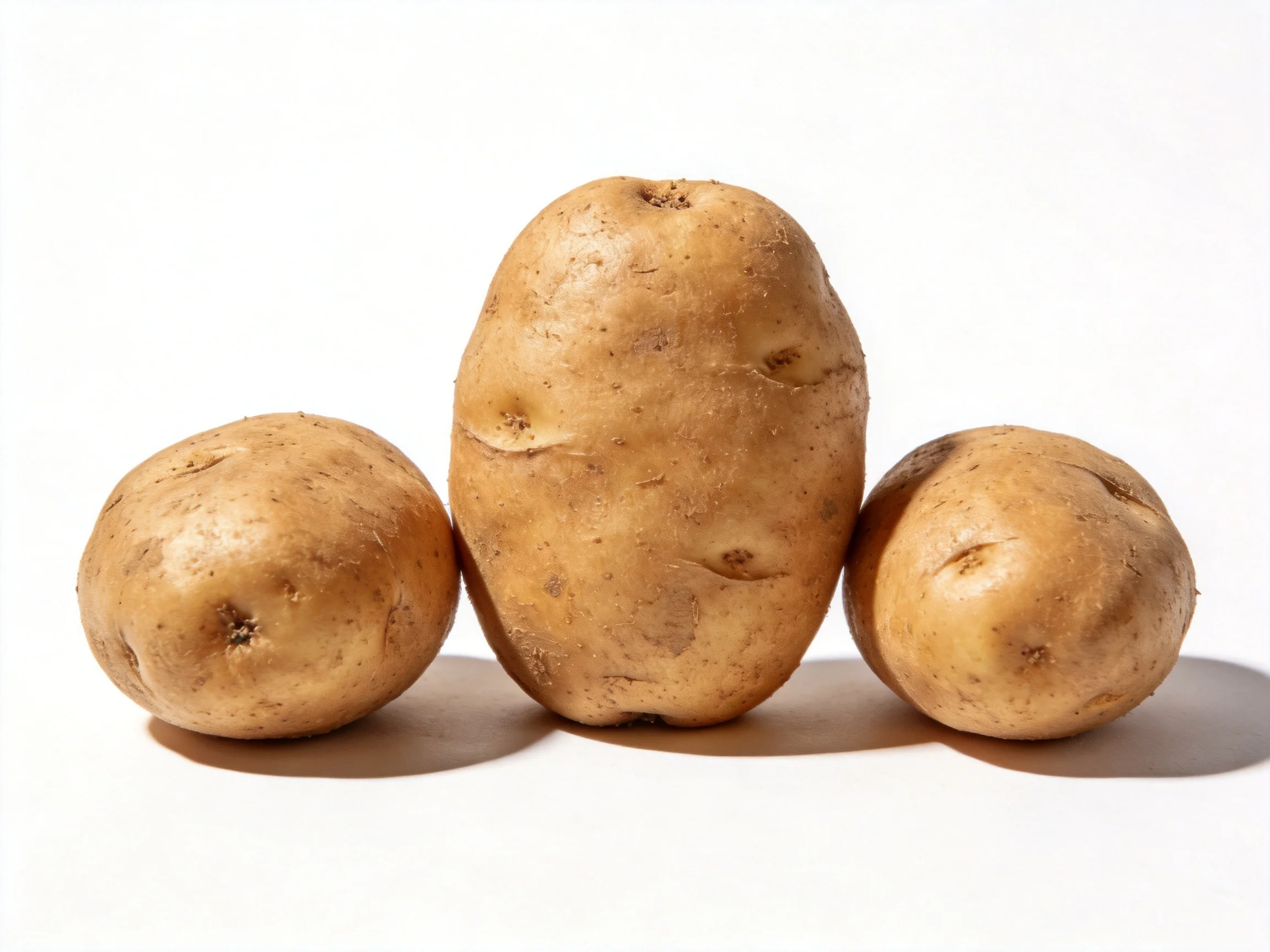 Three earth-toned potatoes with varied shapes on a white backdrop