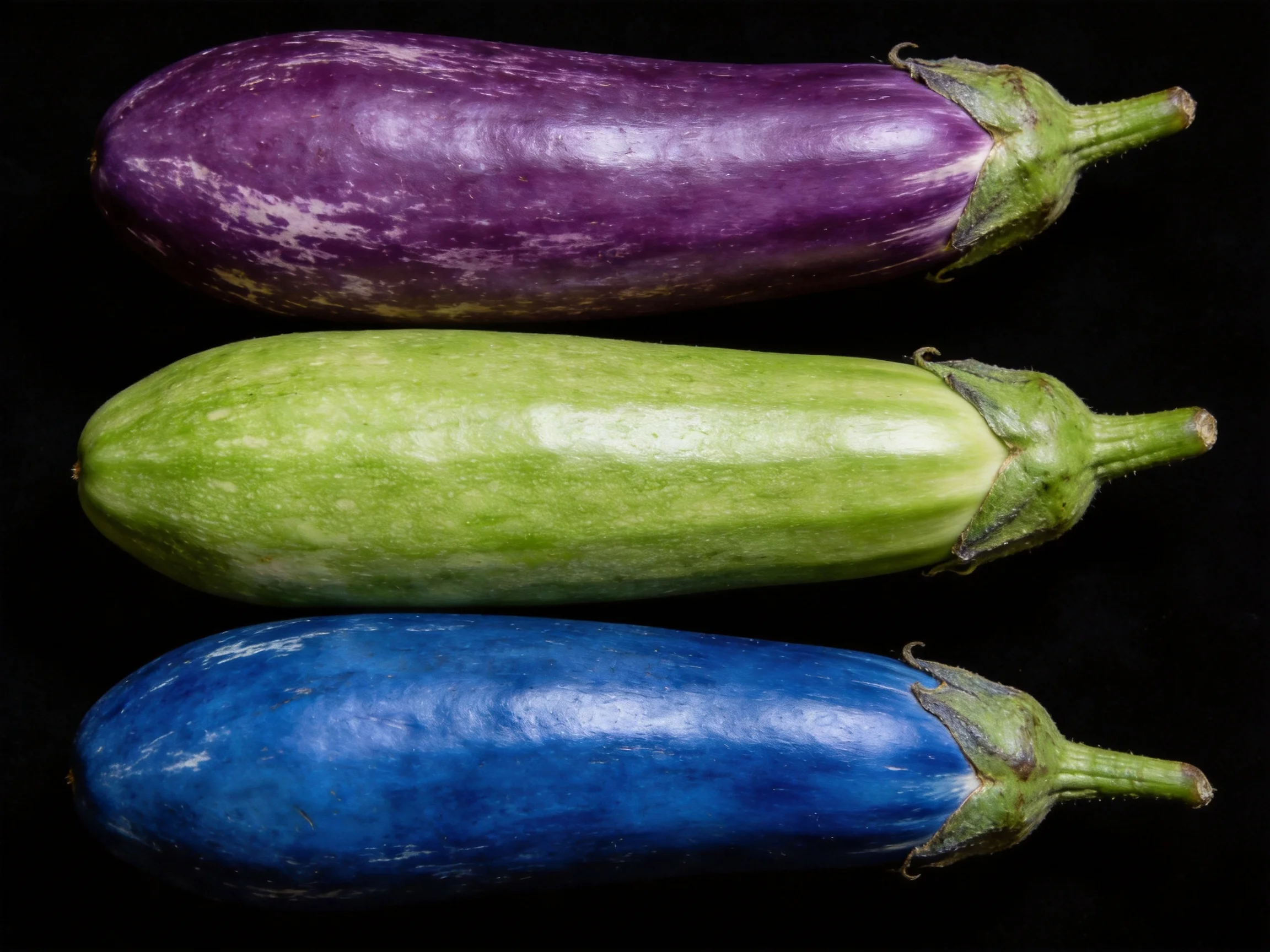 Three elongated eggplants in purple, green, and blue hues arranged vertically