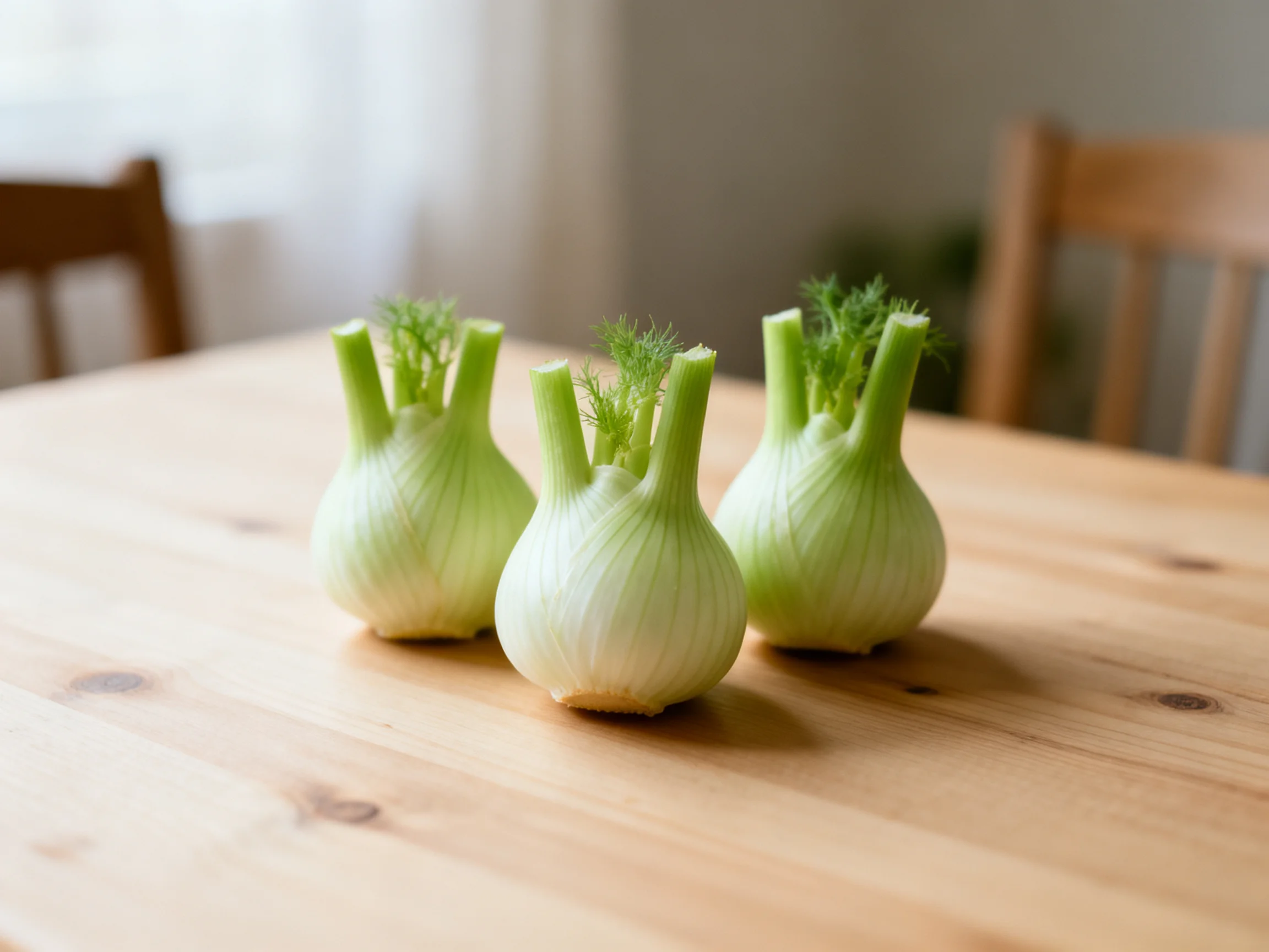 Three fresh fennel bulbs arranged on a light wooden table