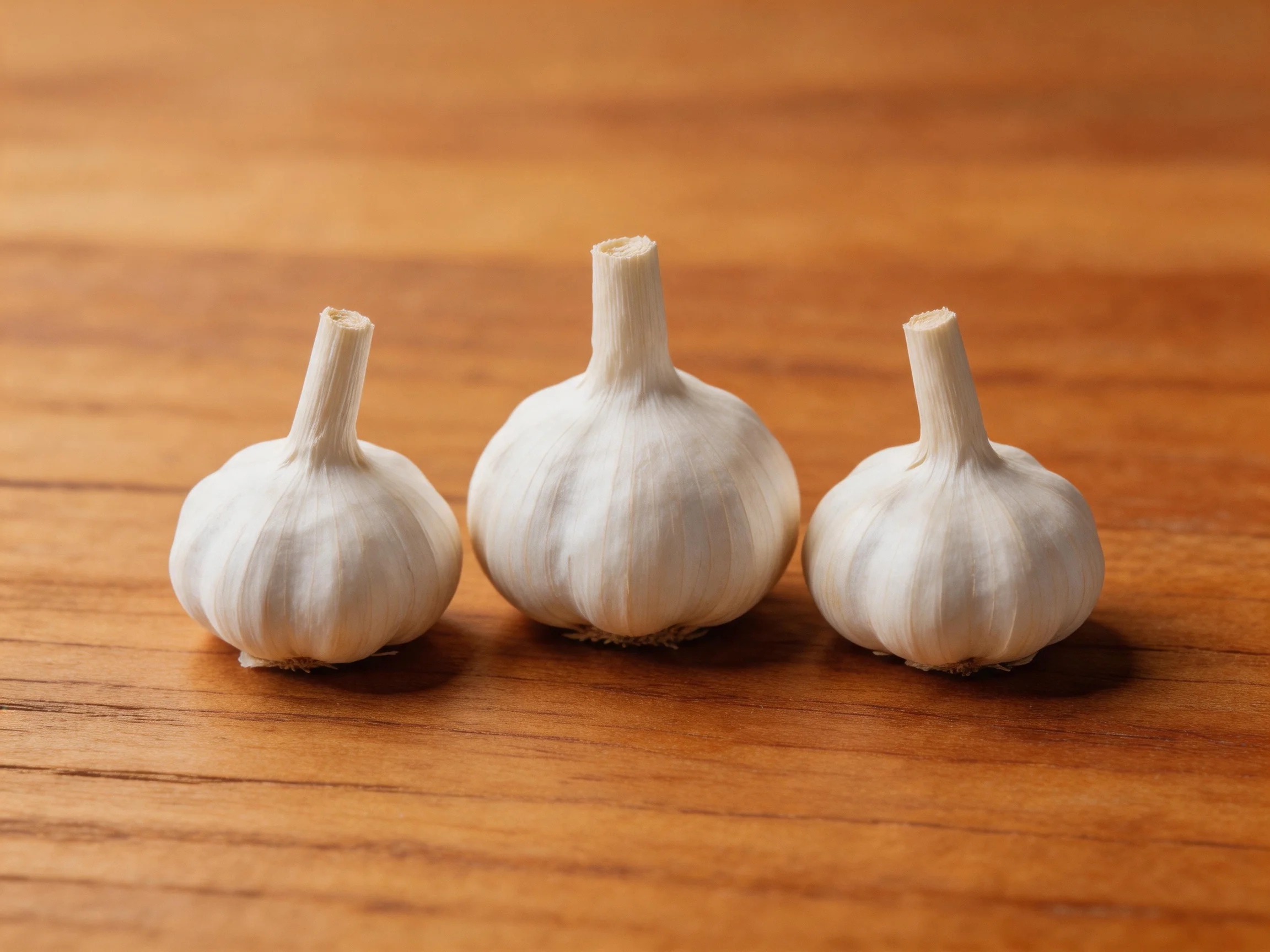 Three fresh garlic bulbs on a polished wooden surface