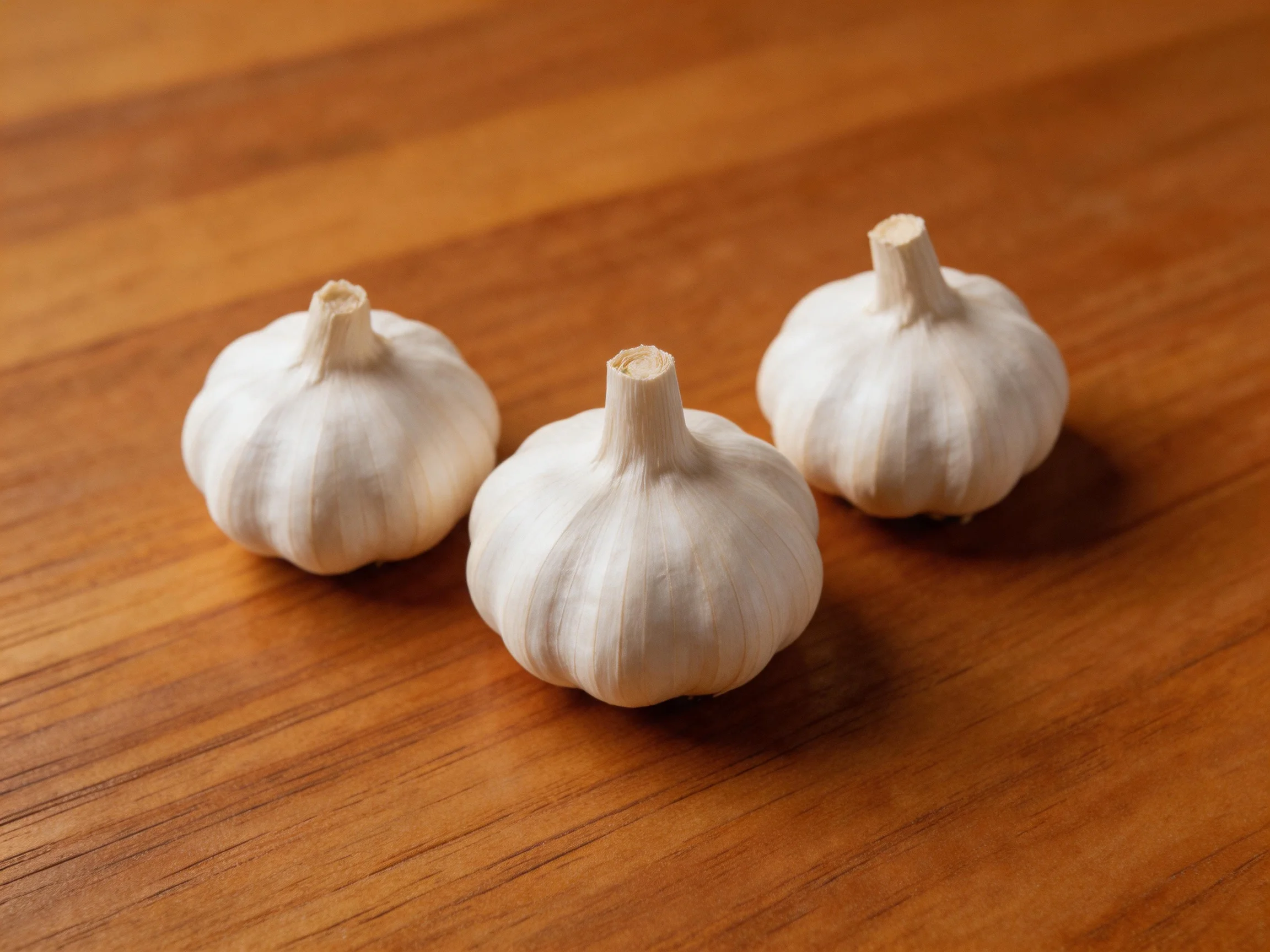 Three fresh garlic bulbs rest on a polished wooden surface