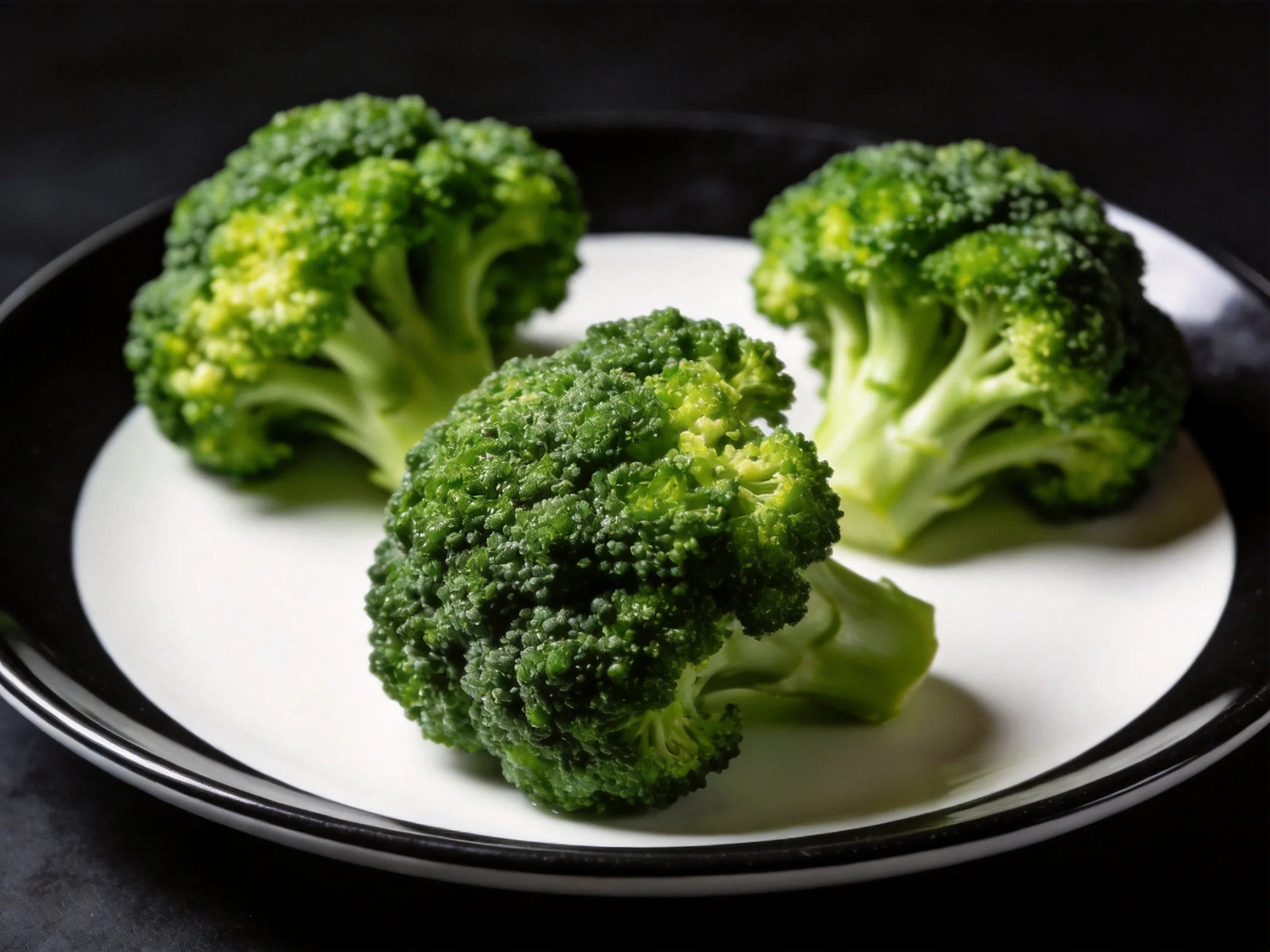 Three fresh green broccoli florets arranged on a black-rimmed white plate