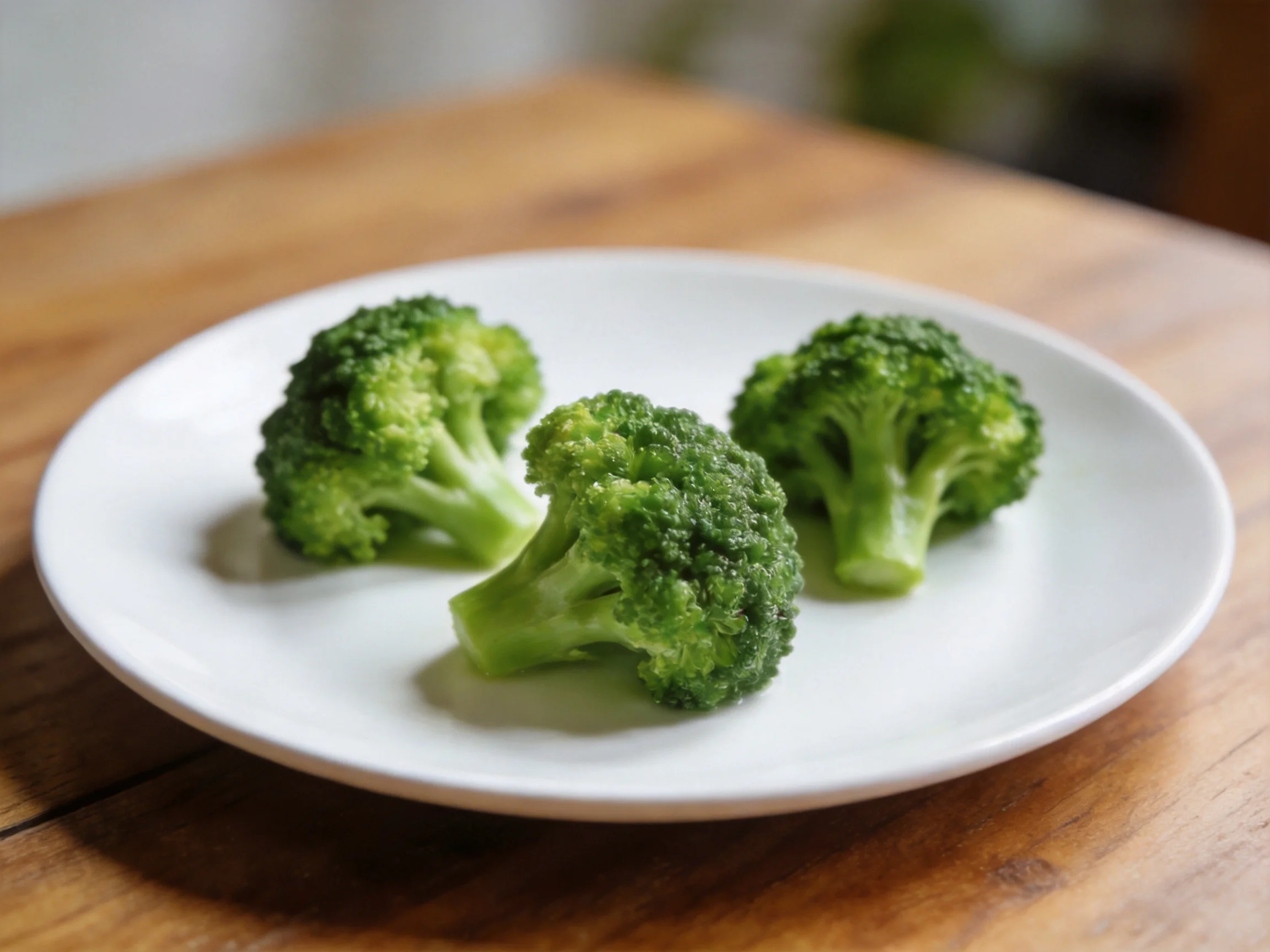 Three fresh green broccoli florets on a white plate