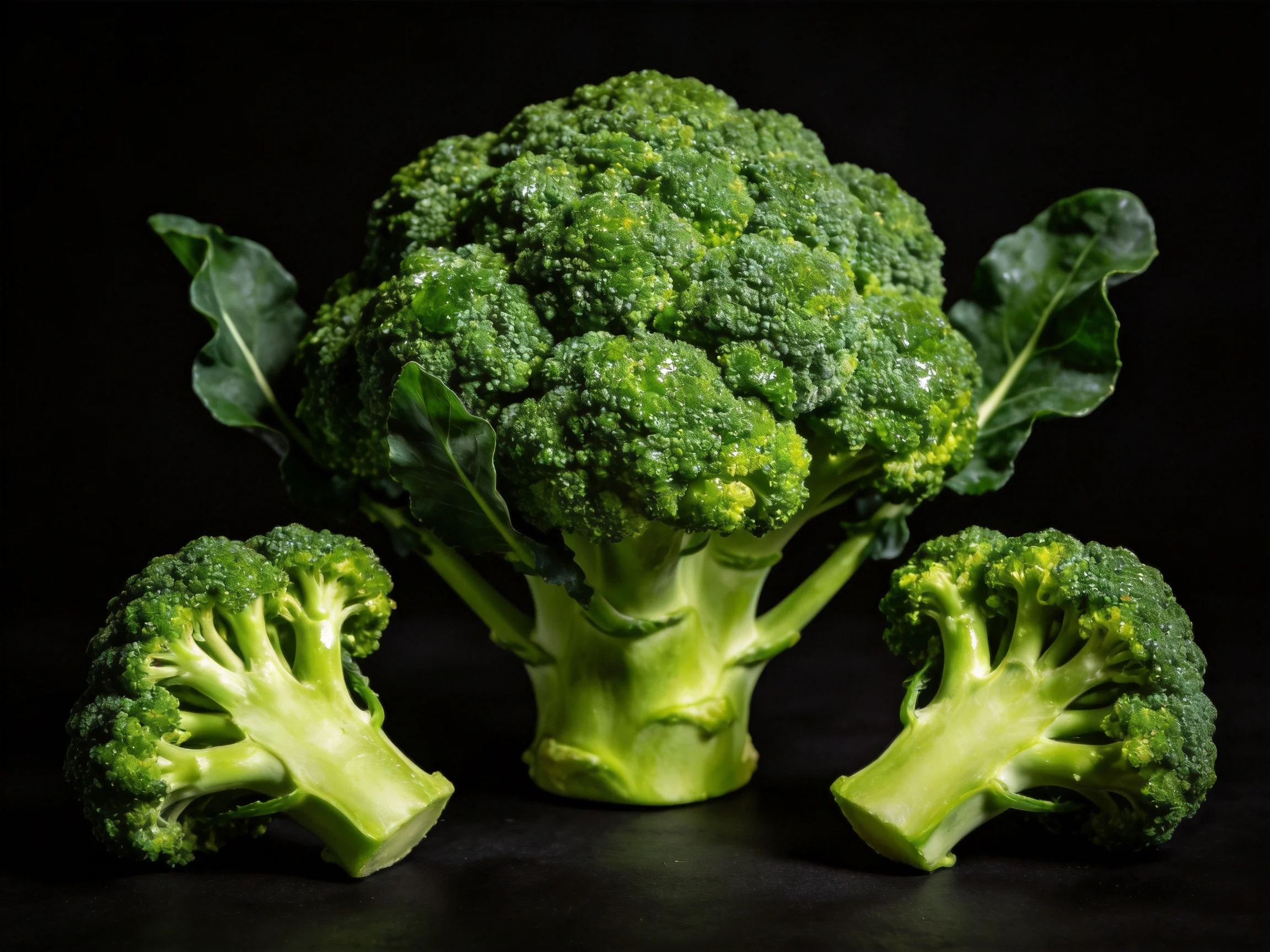 Three fresh green broccoli heads displayed against a black backdrop