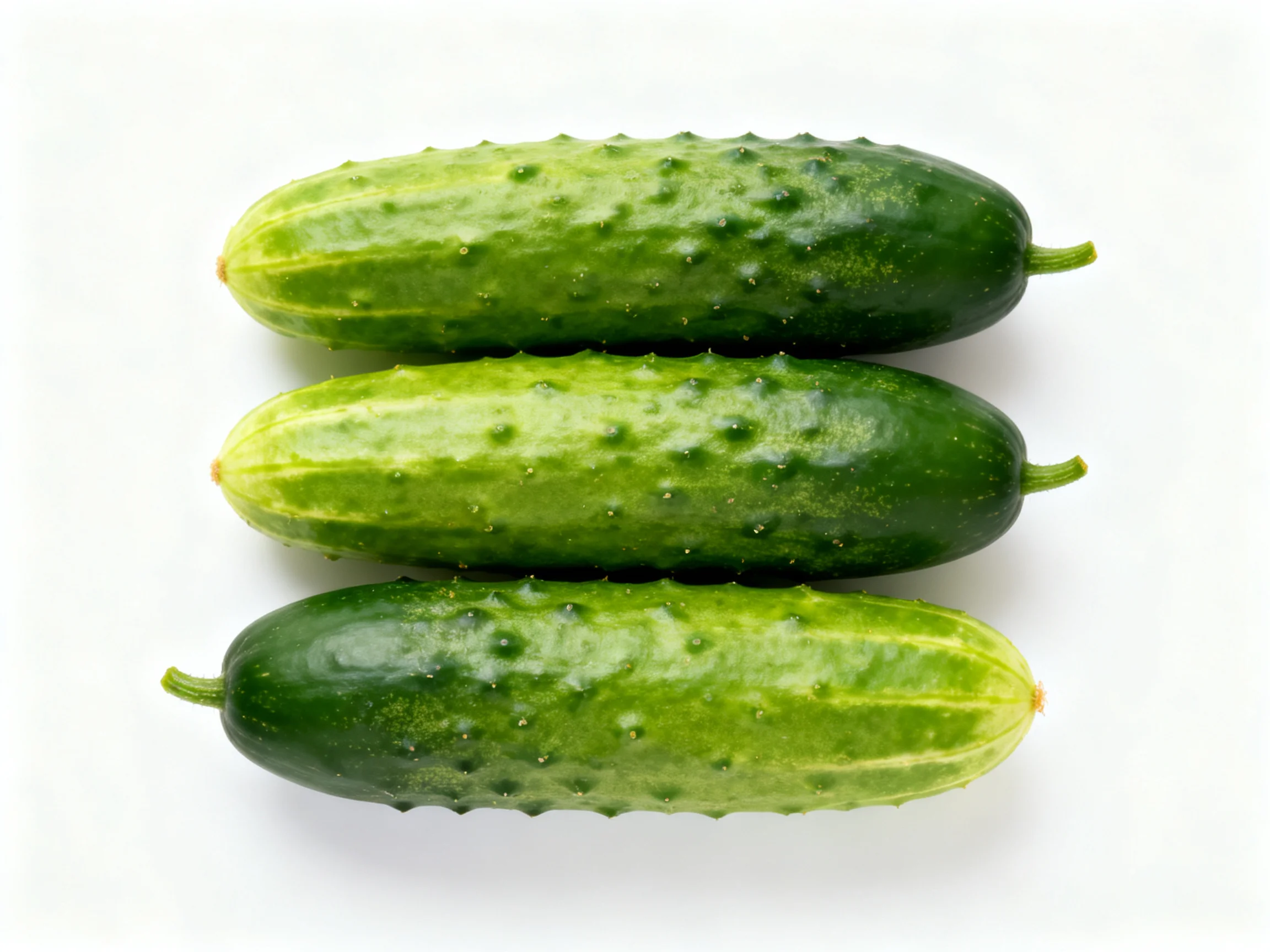 Three fresh green cucumbers arranged in a horizontal row