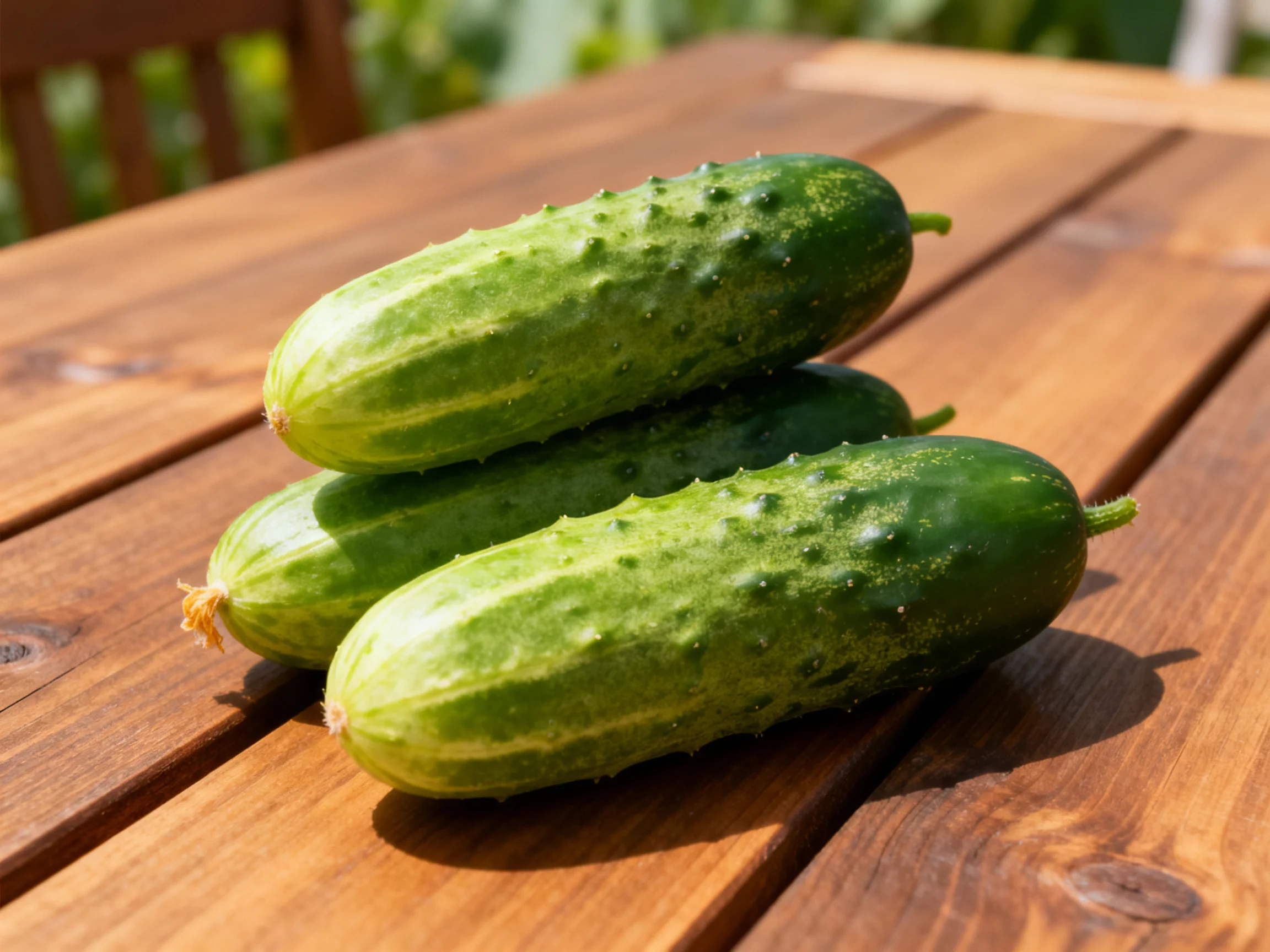 Three fresh green cucumbers stacked on a polished wooden table