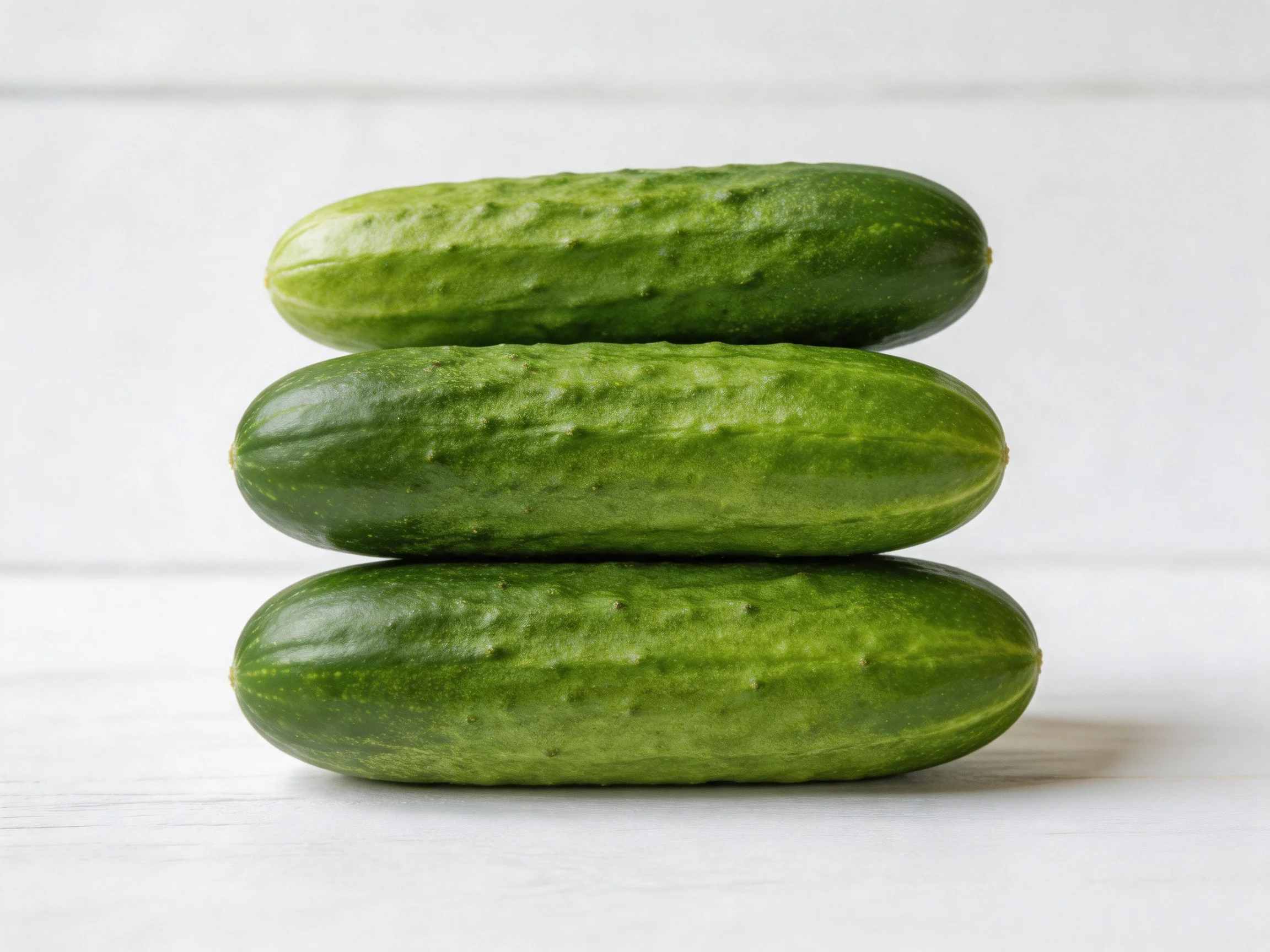 Three fresh green cucumbers stacked vertically