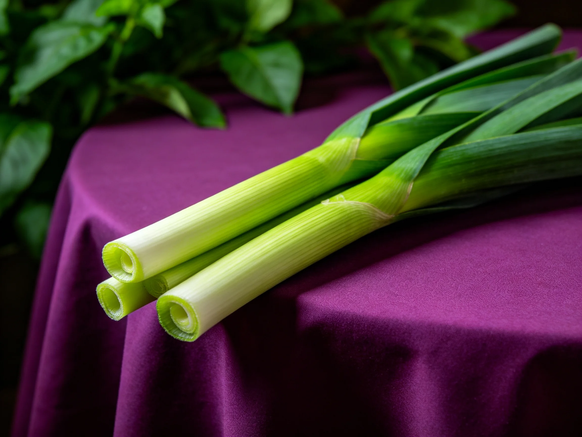 Three fresh leeks on a deep purple cloth with greenery in the background