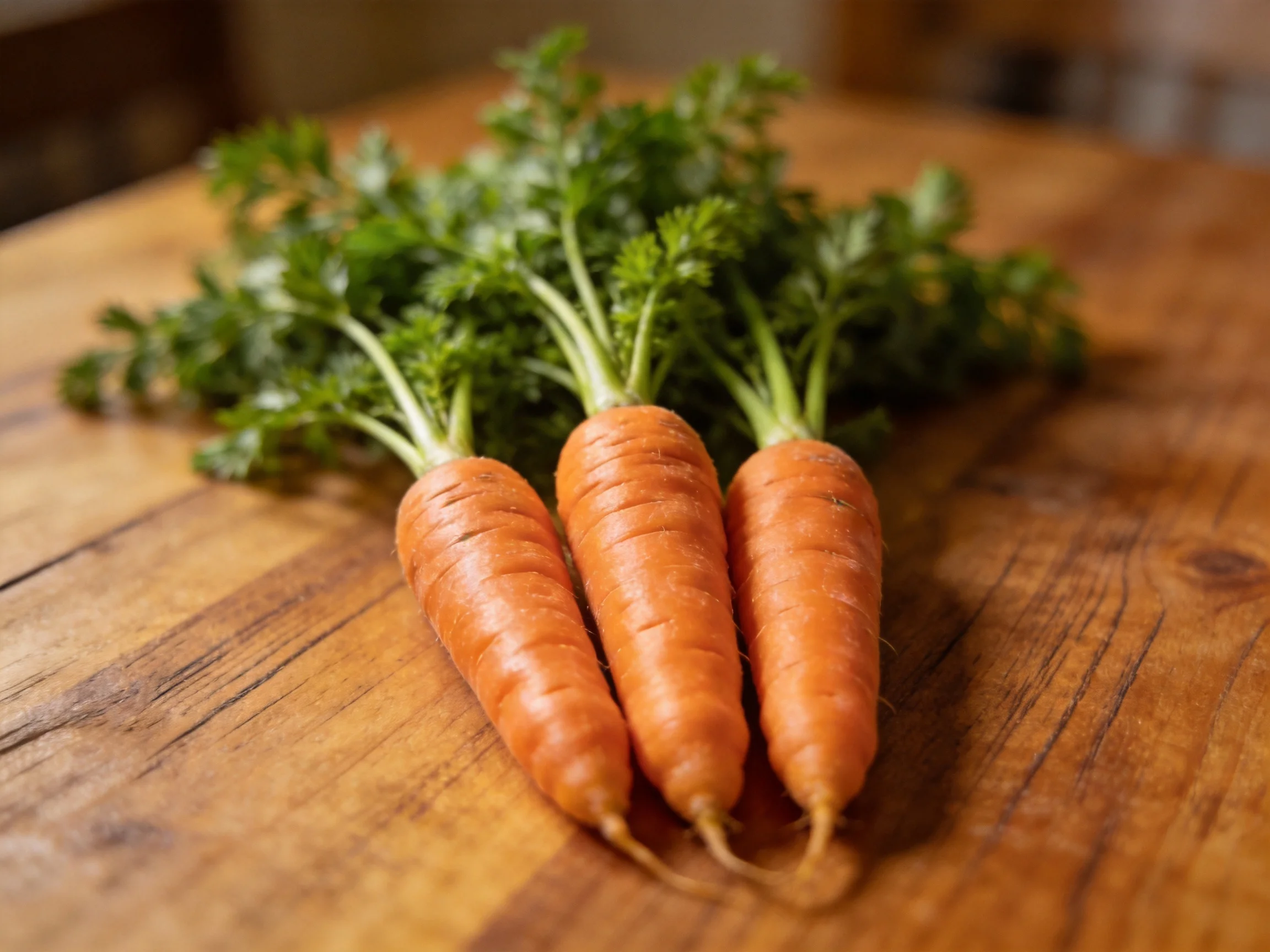 Three fresh orange carrots with leafy greens on a wooden table