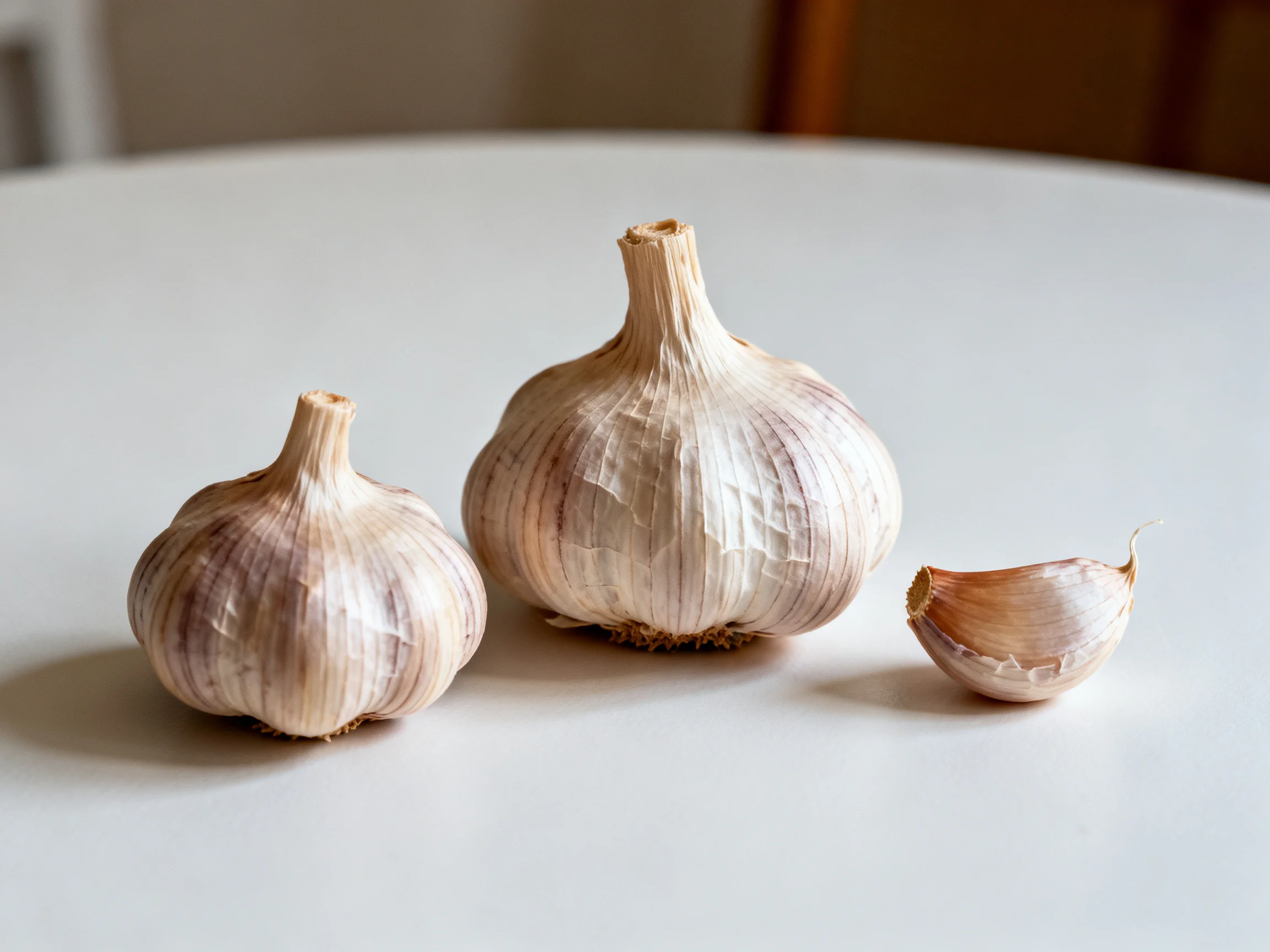 Three garlic bulbs and one clove rest on a plain white surface