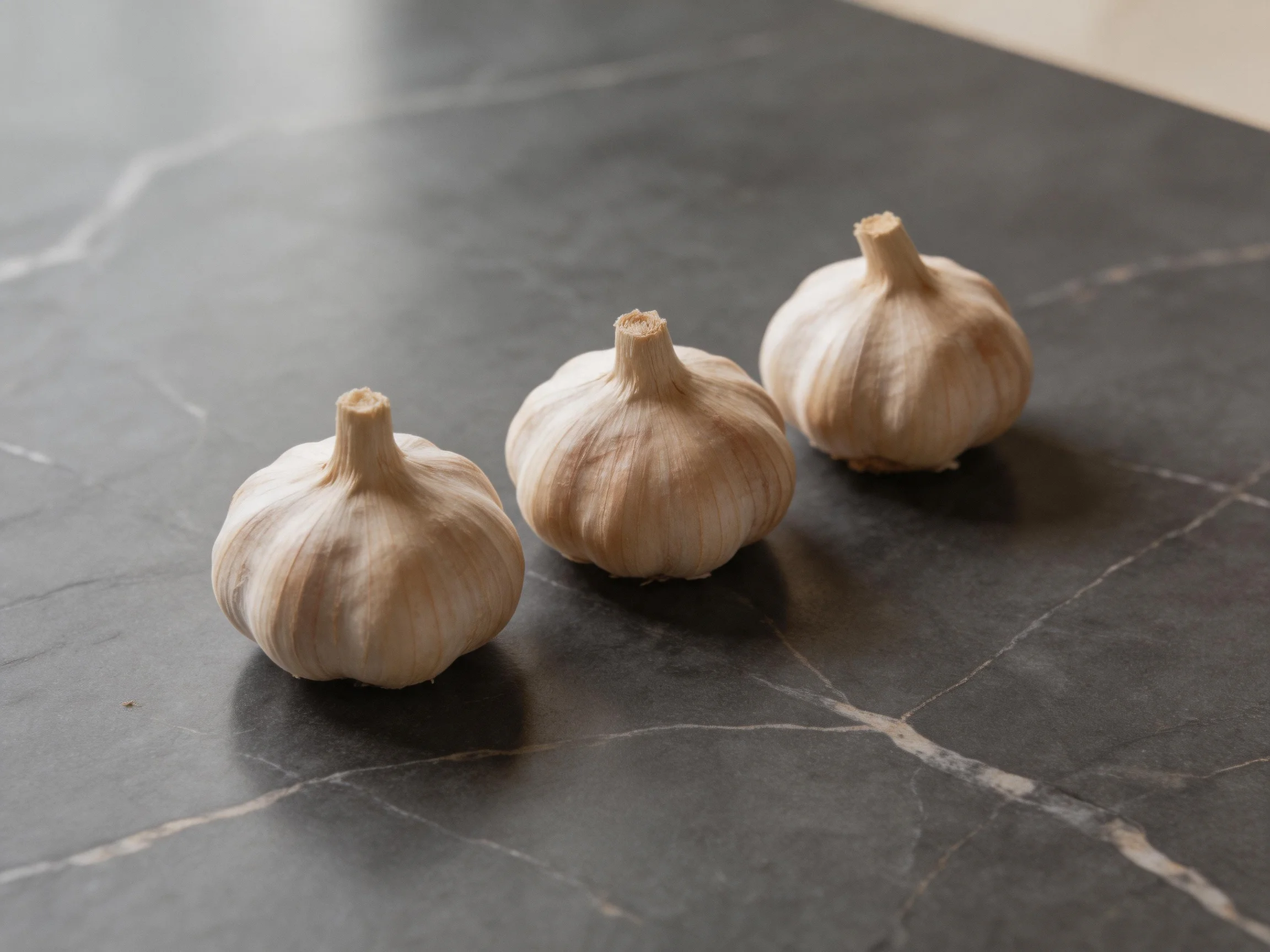 Three garlic bulbs rest on a smooth, dark marble surface