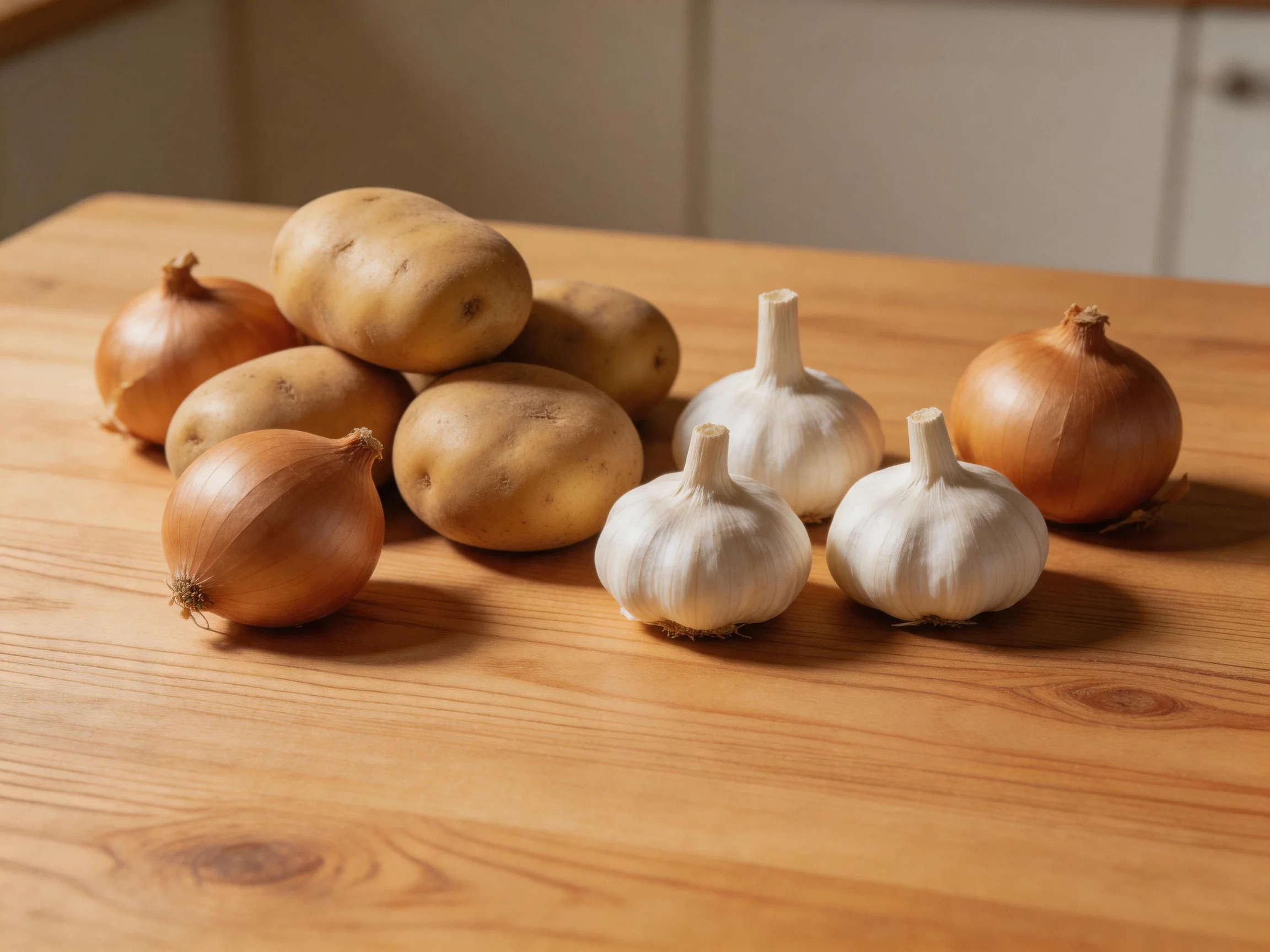 Three garlic bulbs, several brown onions, and tan potatoes arranged on a wooden table