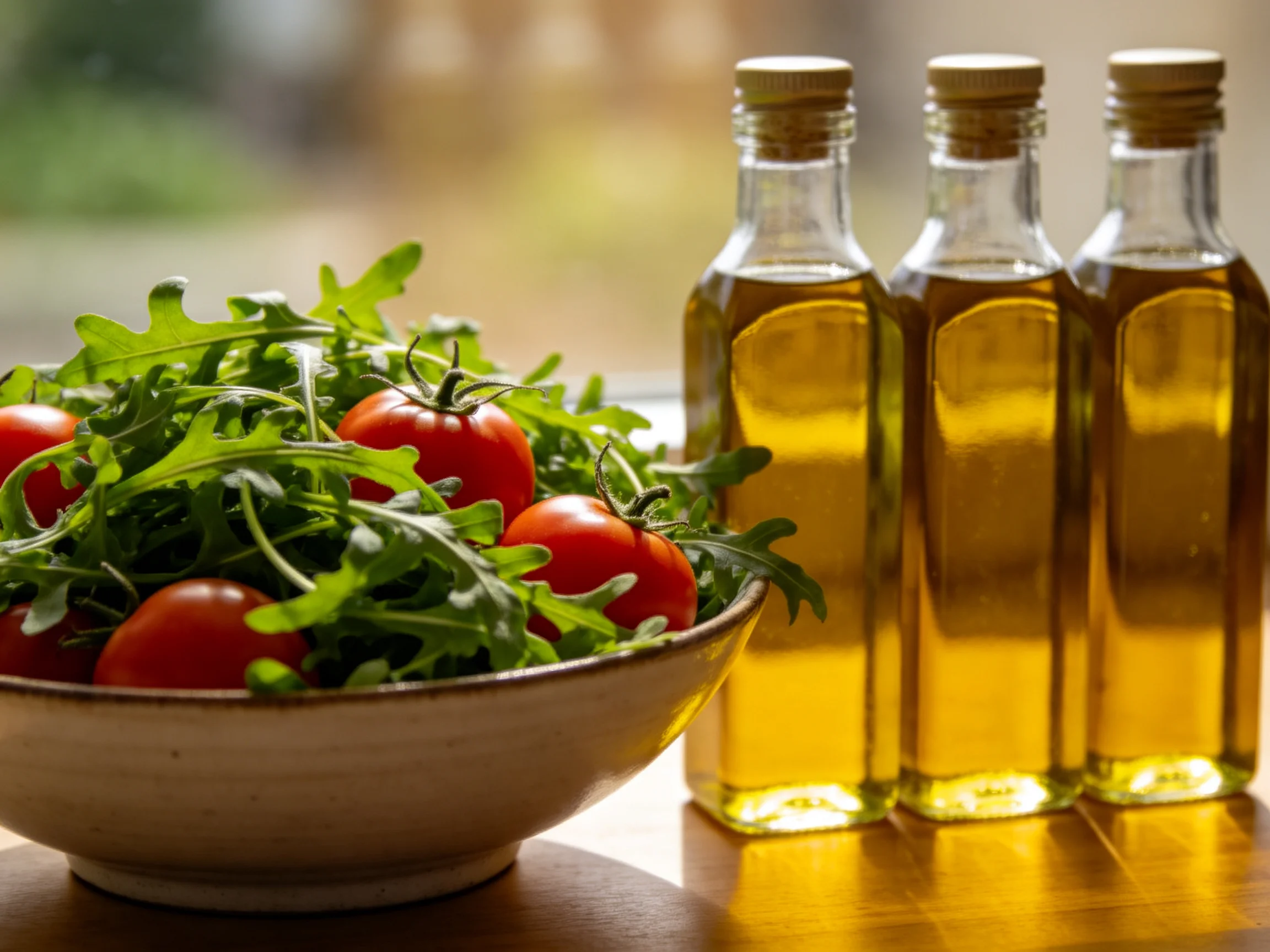 Three glass bottles of golden olive oil beside a fresh arugula and tomato salad