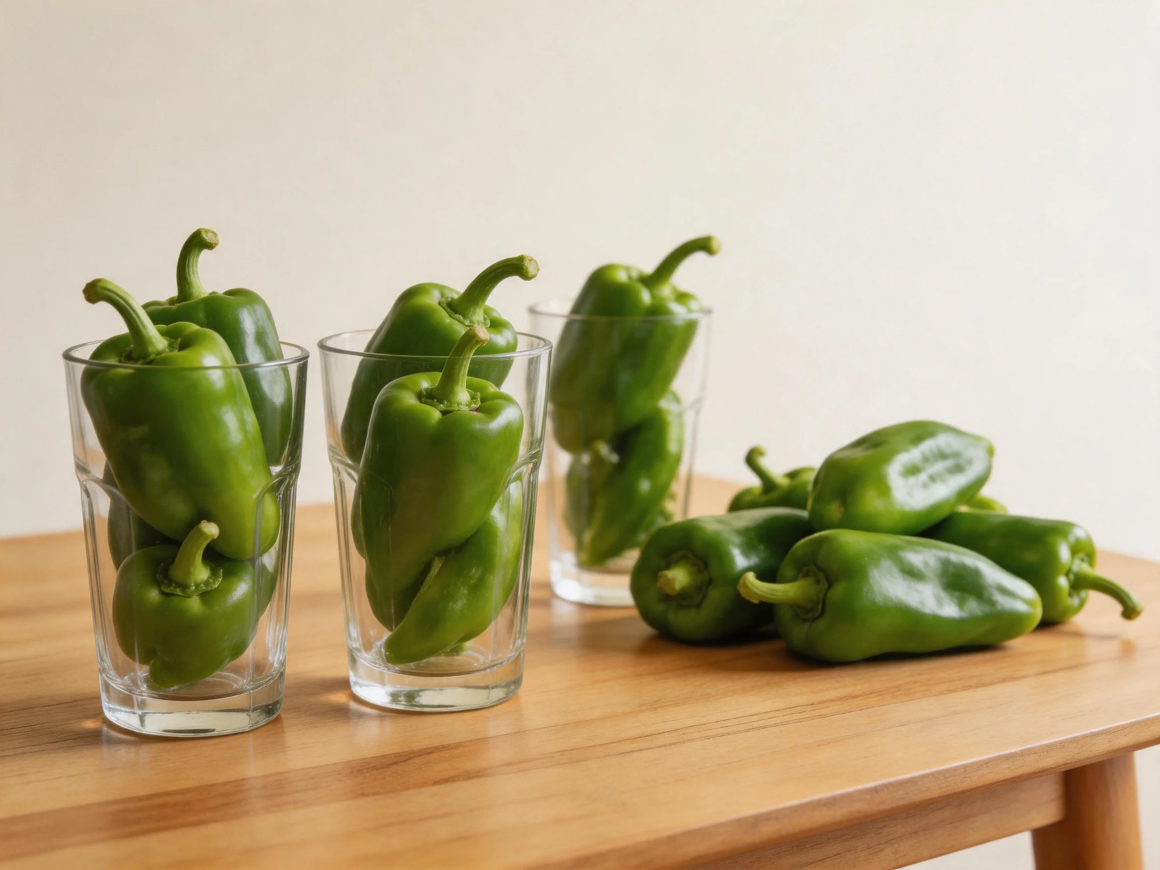 Three glass cups hold green bell peppers, with extra peppers on a wooden table