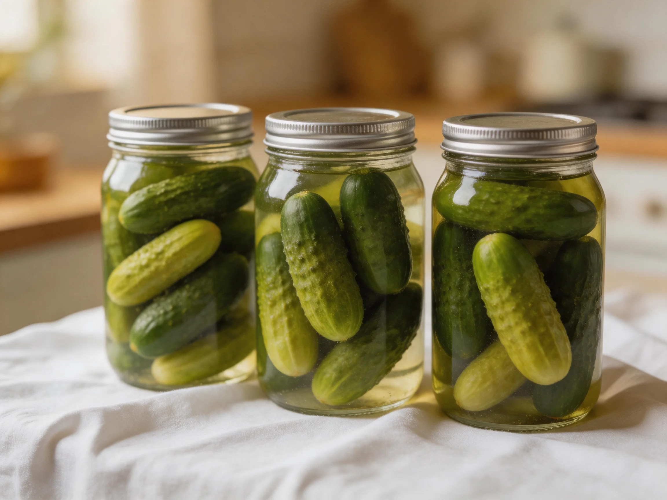 Three glass jars filled with assorted pickles sit on a white cloth