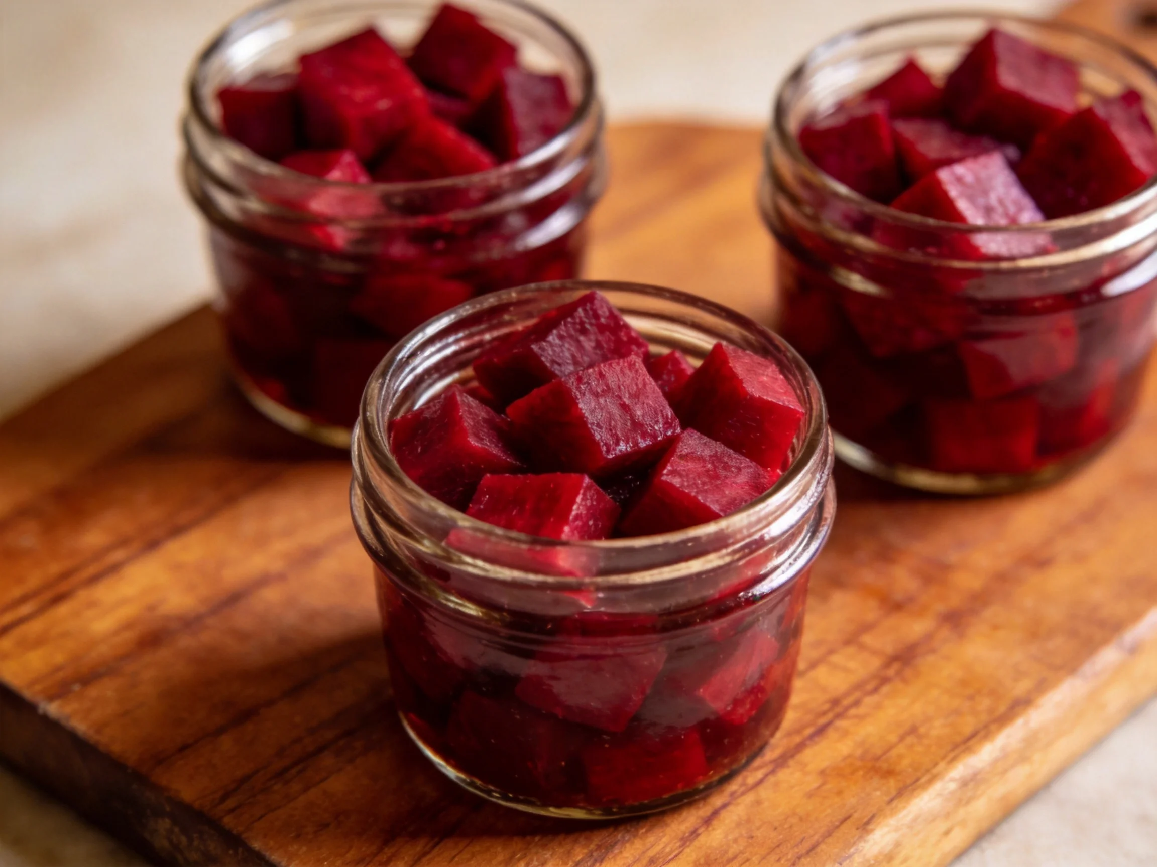 Three glass jars filled with cubed beets on a wooden cutting board