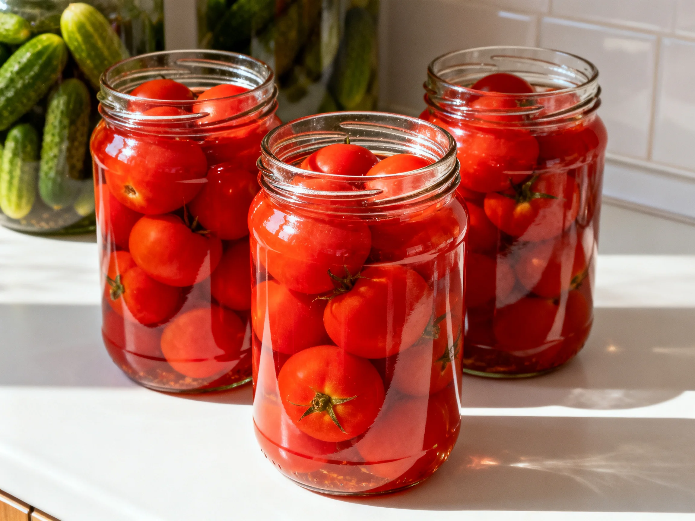 Three glass jars filled with vibrant red tomatoes sit on a kitchen counter