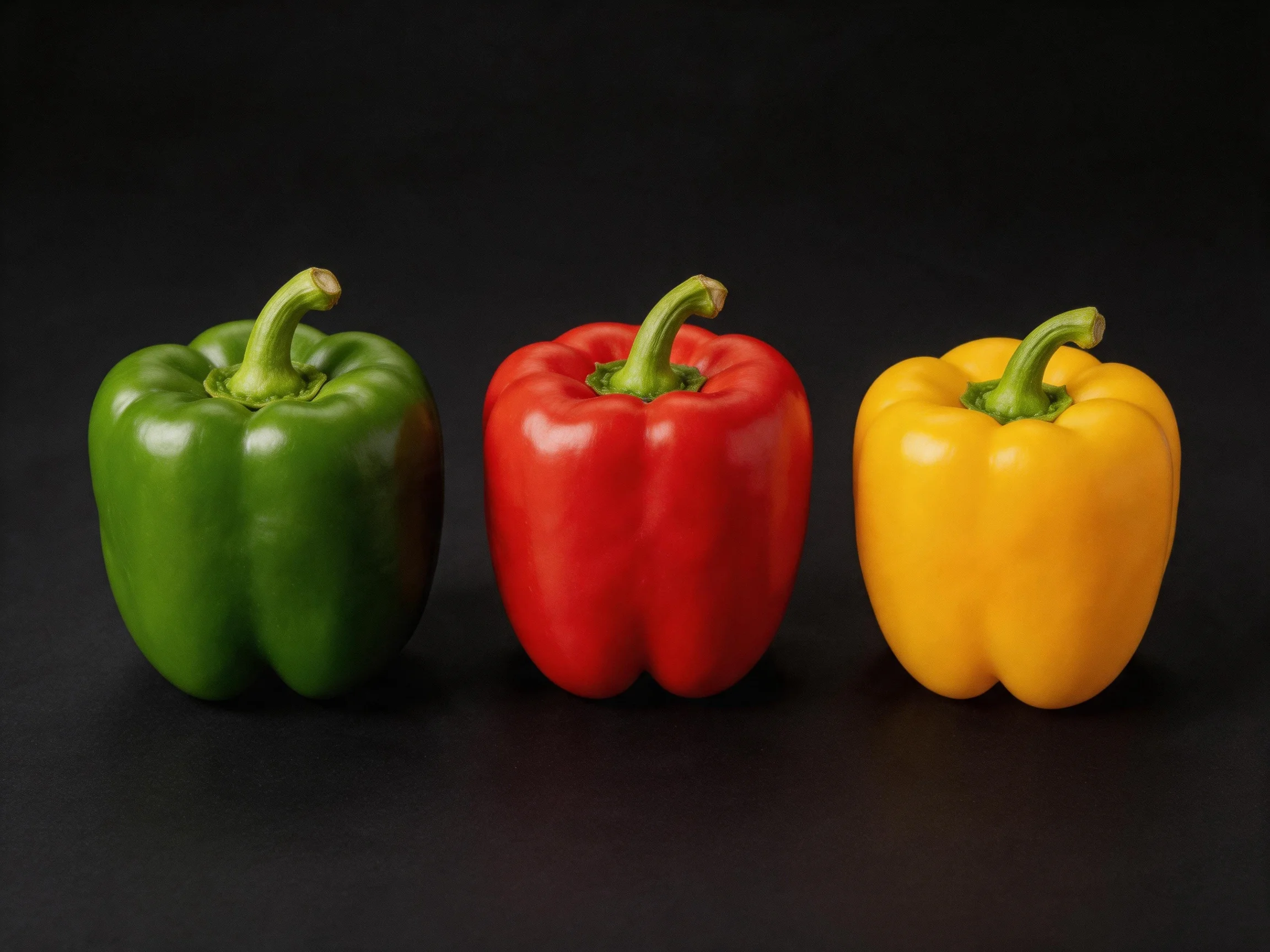 Three glossy bell peppers in green, red, and yellow arranged side by side