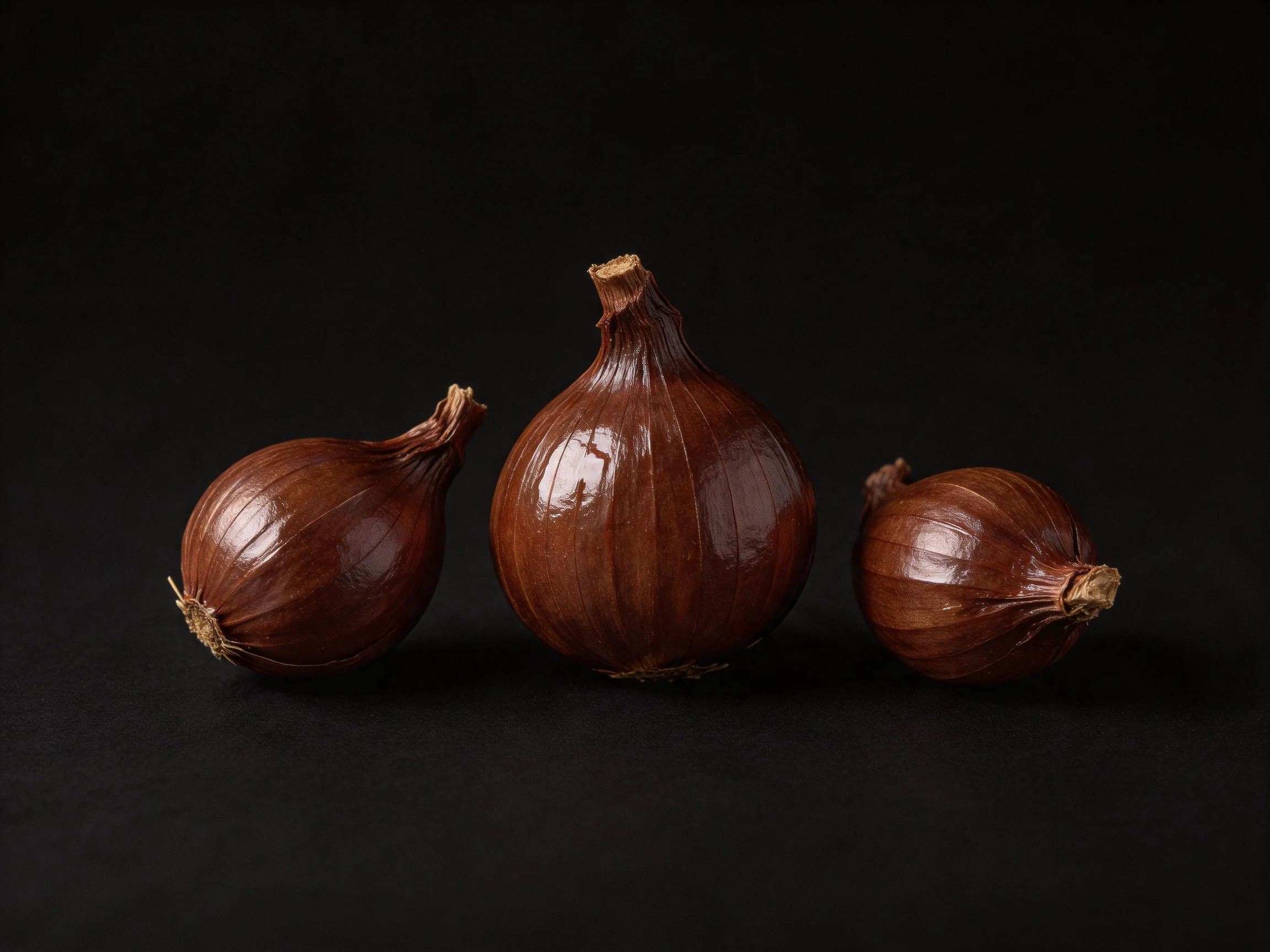 Three glossy brown onions positioned on a black surface
