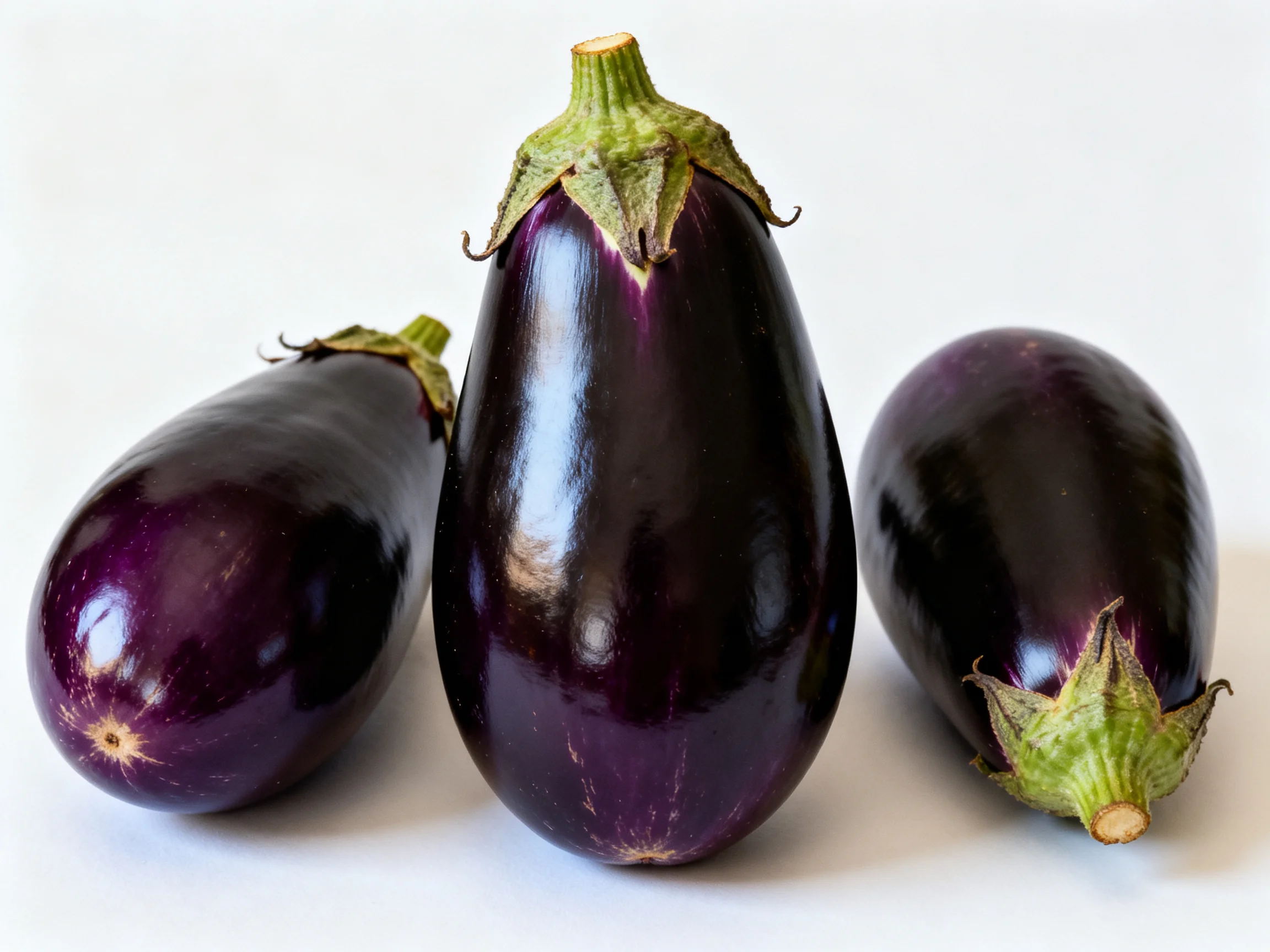 Three glossy dark purple eggplants with green stems displayed