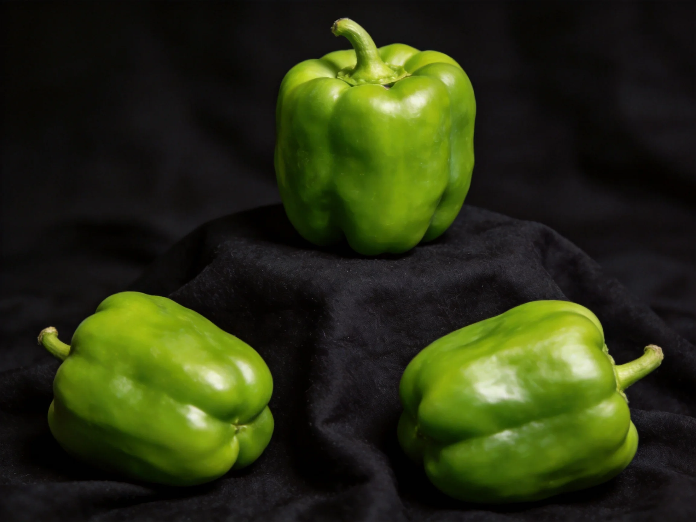 Three glossy green bell peppers on a black fabric