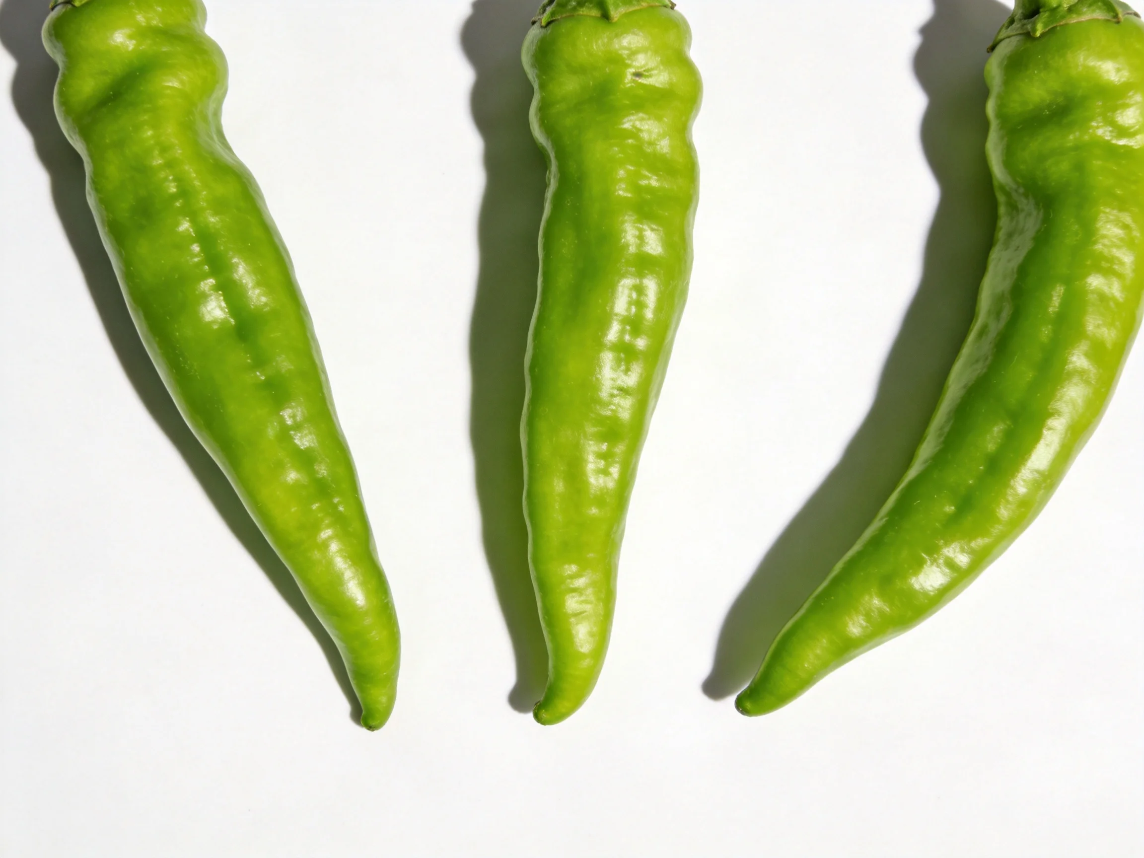 Three glossy green chili peppers aligned horizontally on a white surface.