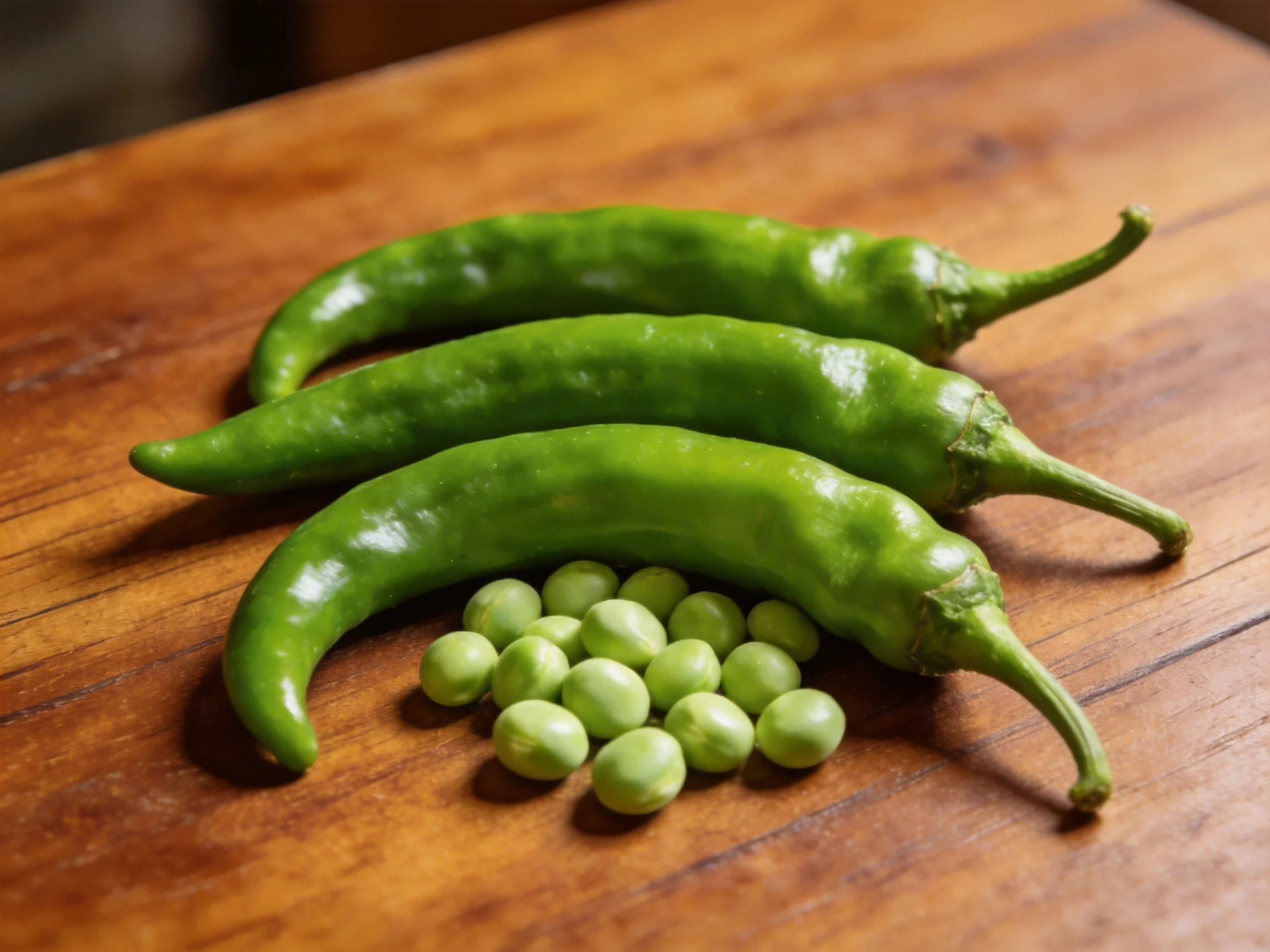Three glossy green chili peppers alongside small green peas on a wooden surface