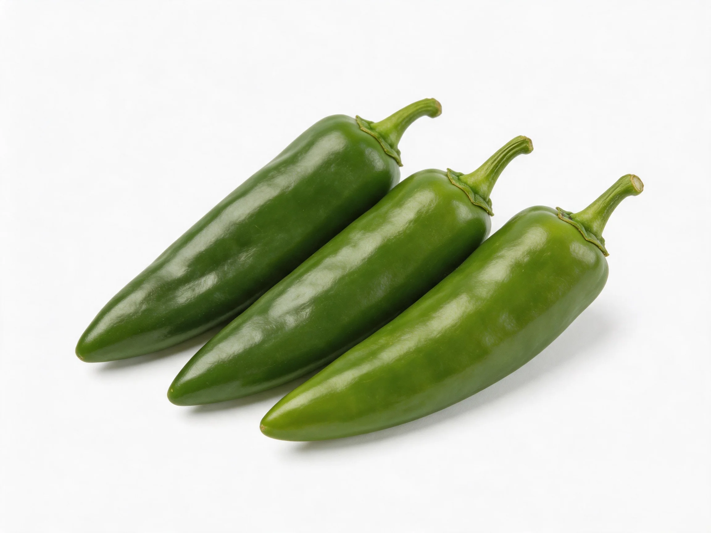 Three glossy green chili peppers arranged in a row