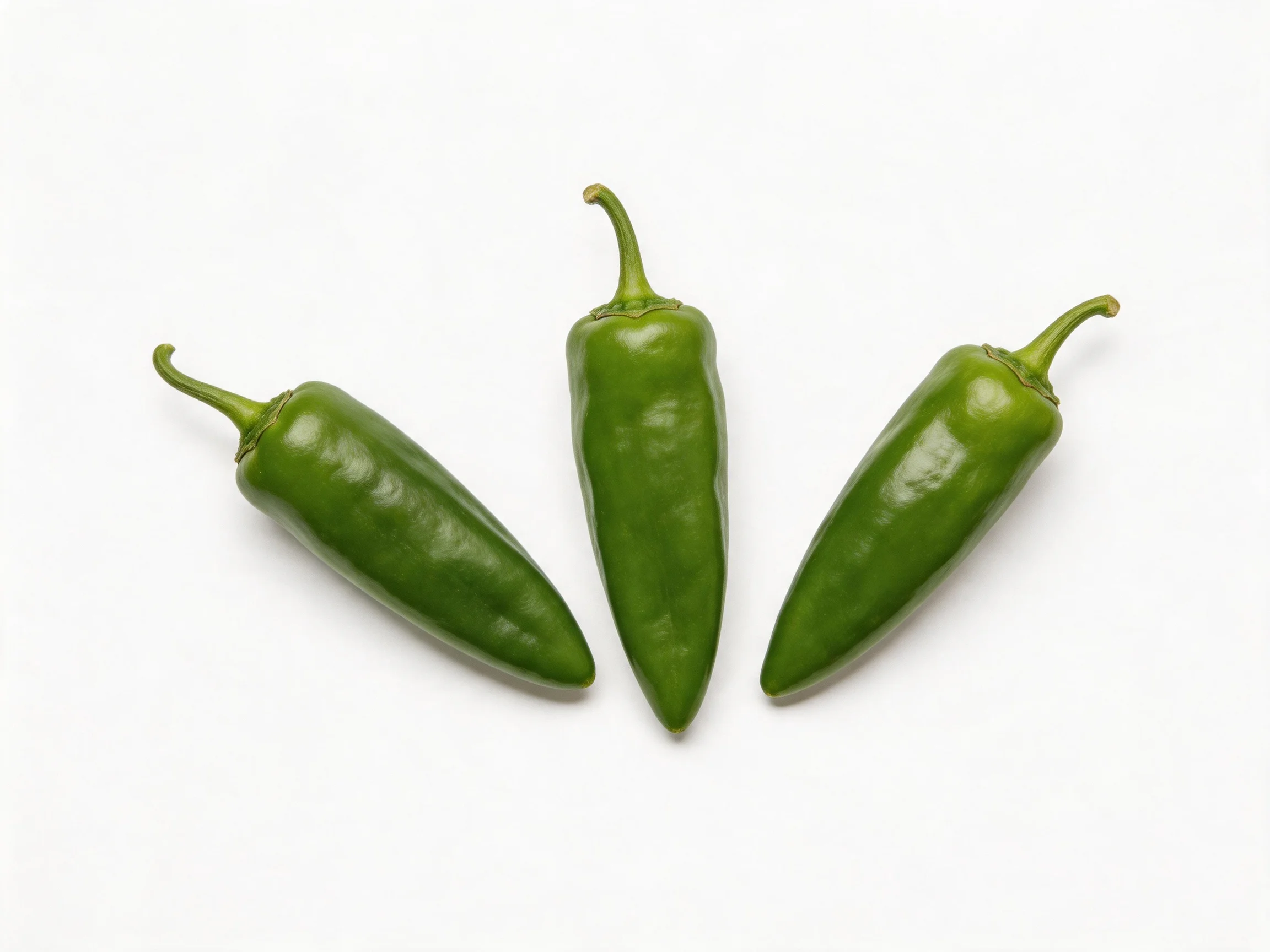 Three glossy green chili peppers arranged on a white surface