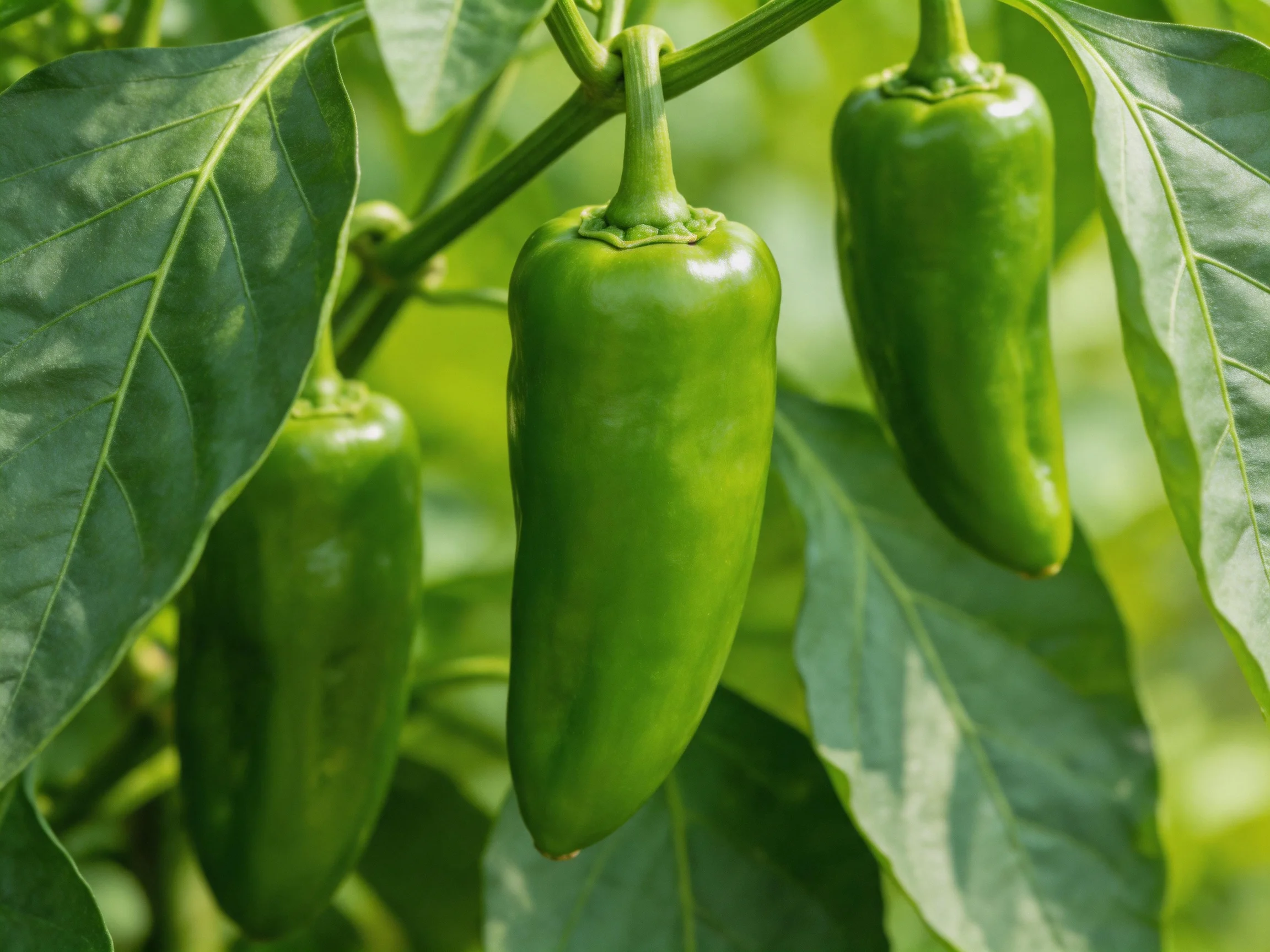 Three glossy green chili peppers hang from leafy stems in bright daylight.